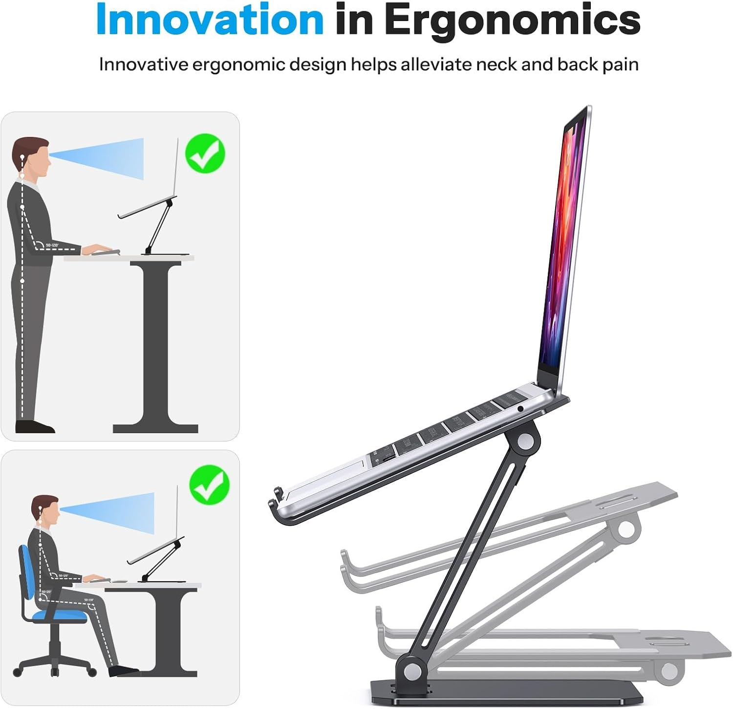 Ein verstellbarer Laptopständer zeigt ergonomische Vorteile für Sitz- und Stehhaltungen.
