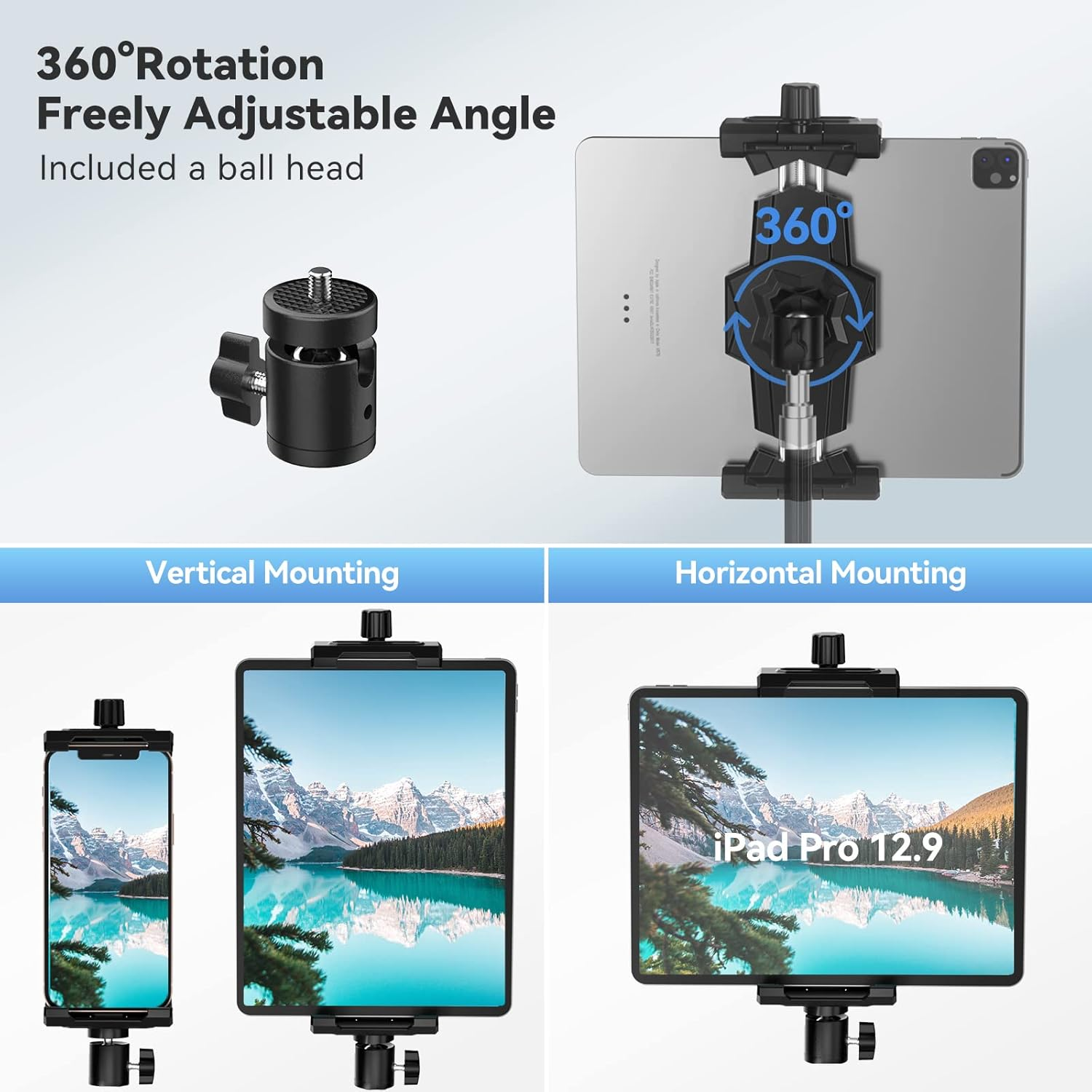 Produktübersicht zeigt 360-Grad-Halterung für Tablets und Smartphones mit vertikaler und horizontaler Ausrichtung.