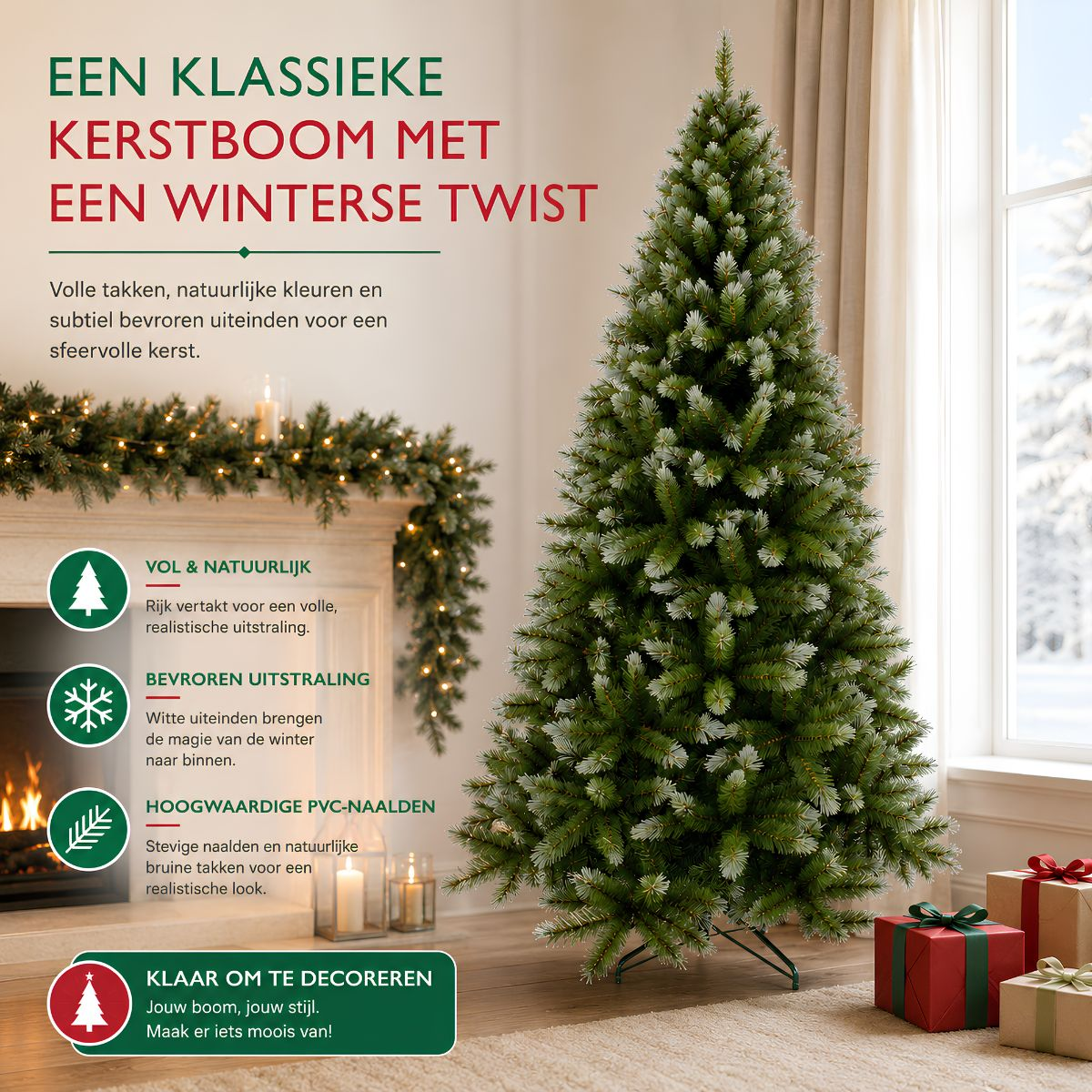 A frosted Christmas tree stands indoors near a fireplace with wrapped gifts and Dutch promotional text.