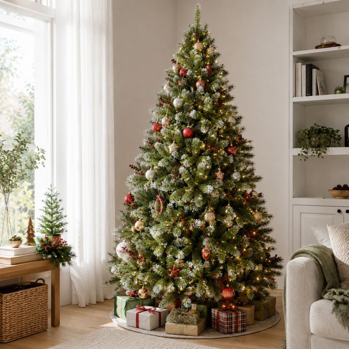 A lit Christmas tree with red and gold ornaments stands in a living room next to wrapped gifts.