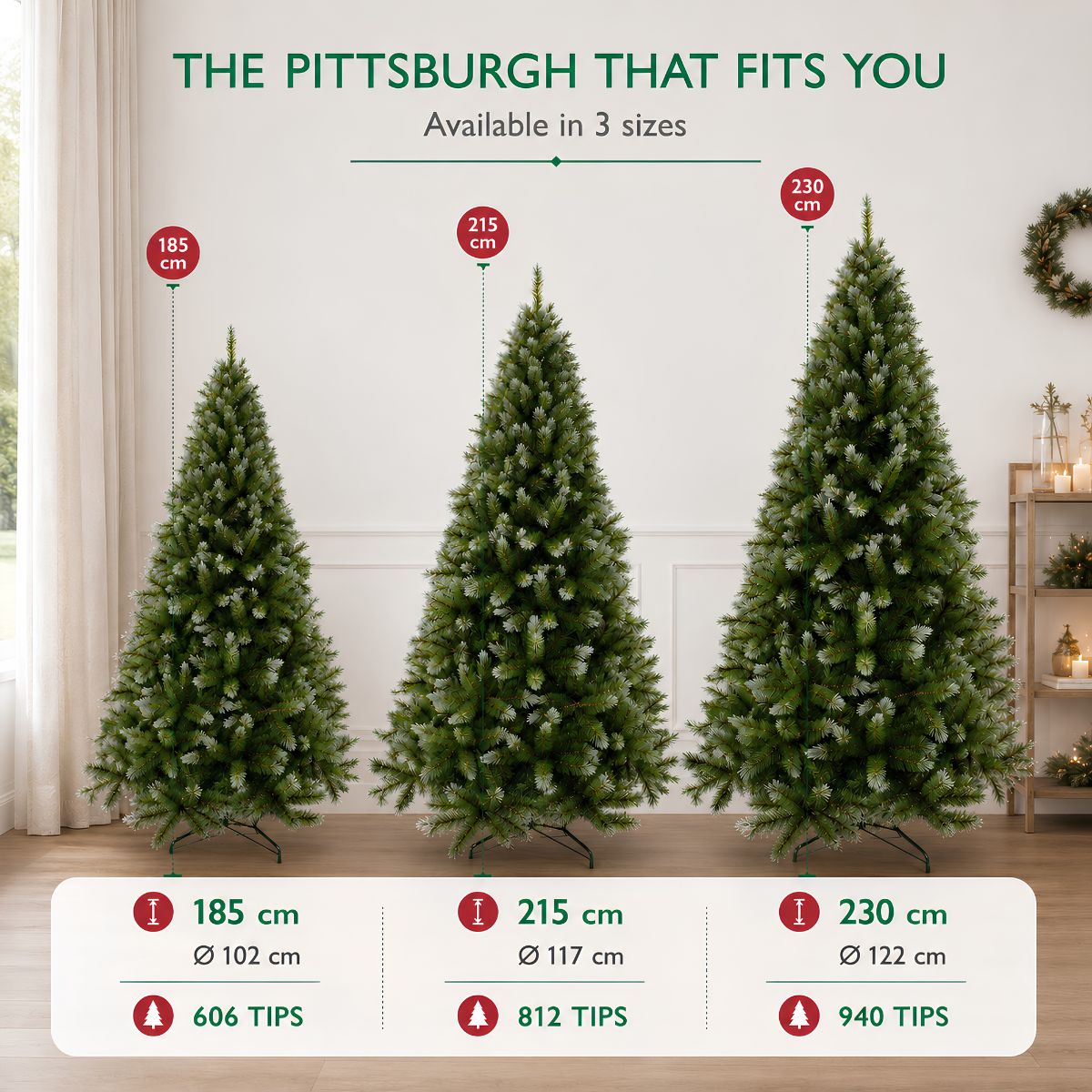 Three artificial Christmas trees in sizes 185 cm, 215 cm, and 230 cm with their measurements.