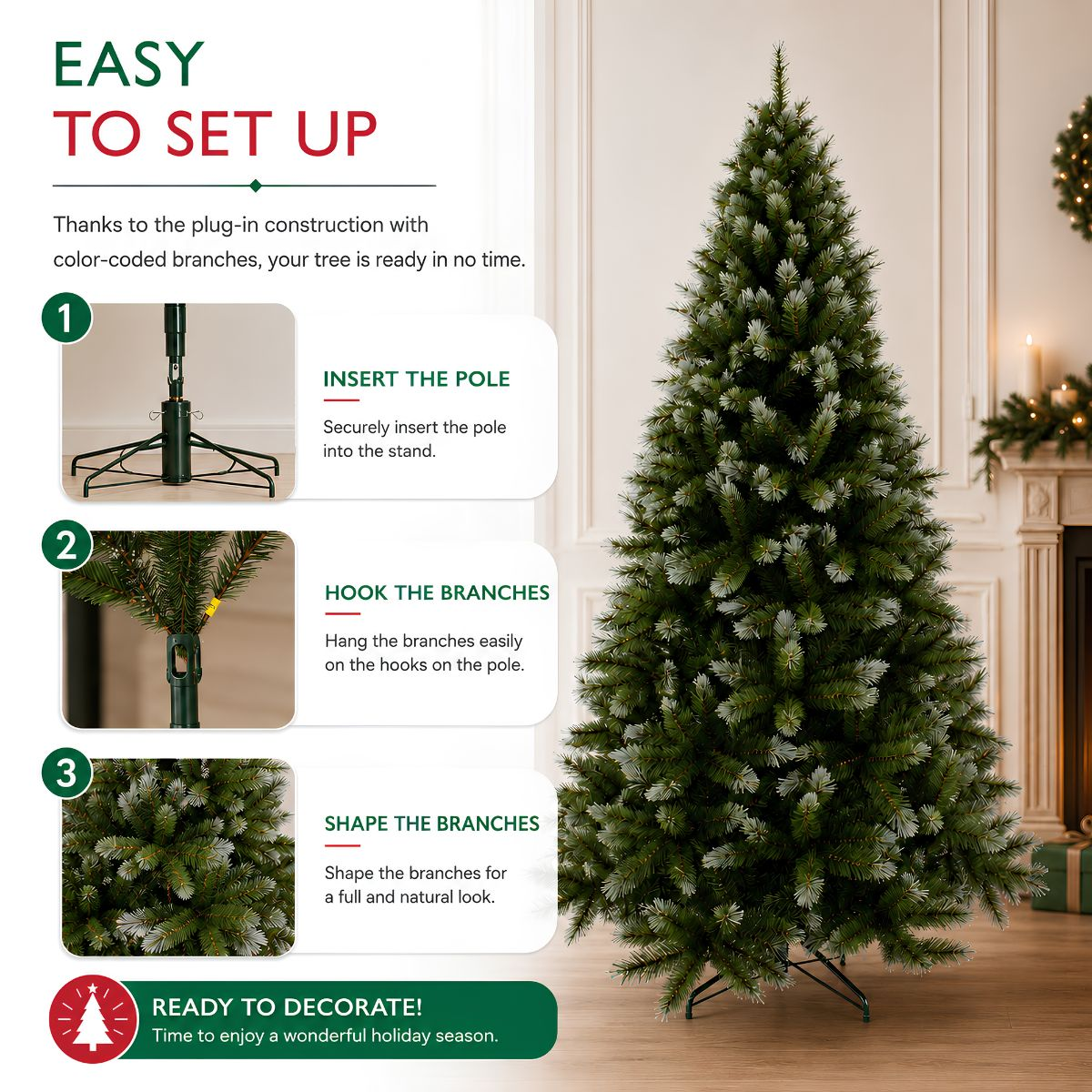 Instructional infographic showing easy setup steps for a large artificial Christmas tree indoors.