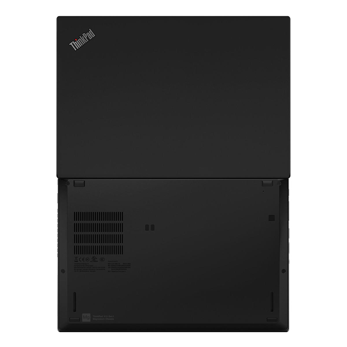 Czarny laptop ThinkPad z zamkniętą pokrywą i widoczną poniżej obudową.