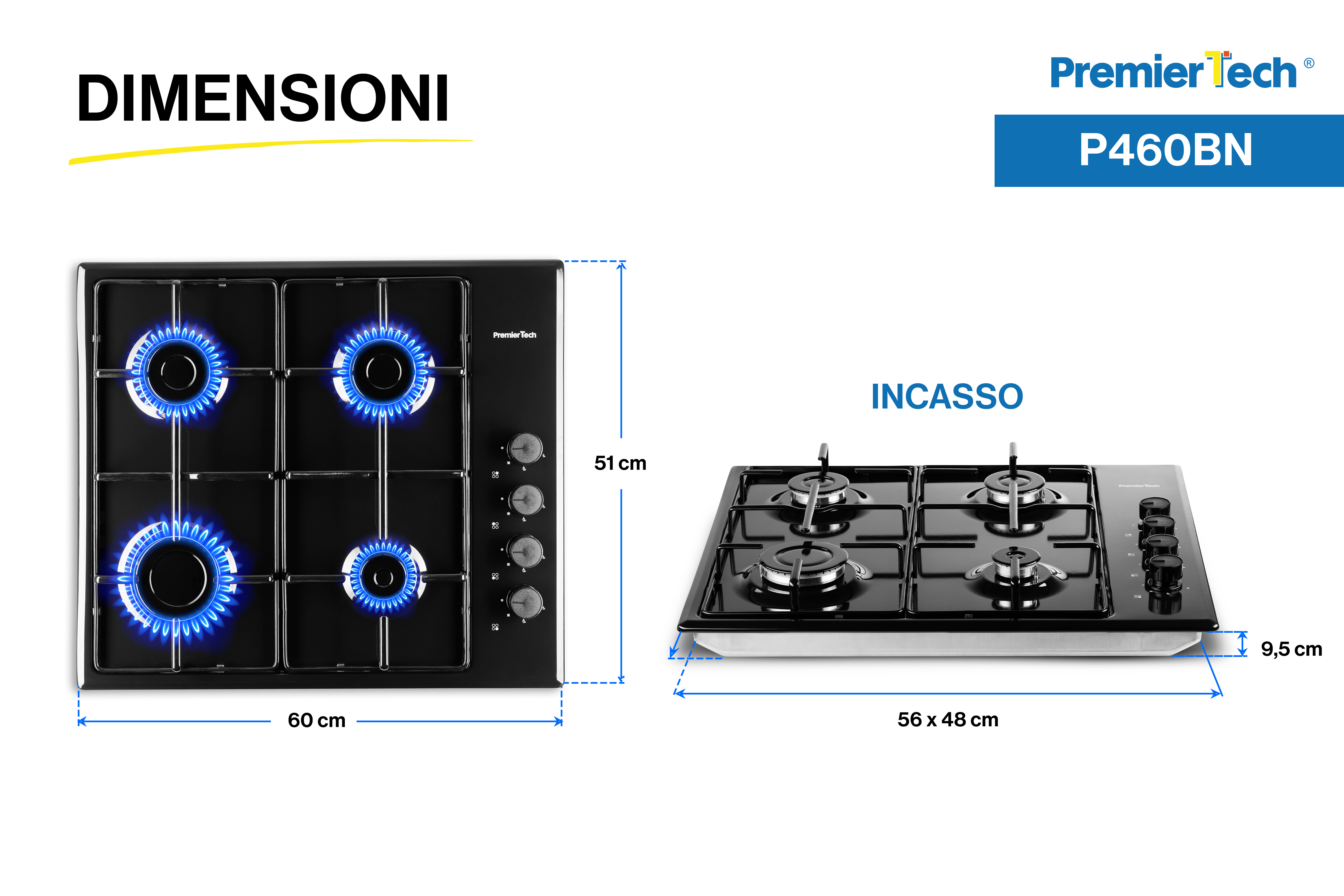 Piano cottura a gas nero PremierTech P460BN con dimensioni, vista dall'alto e inclinata.