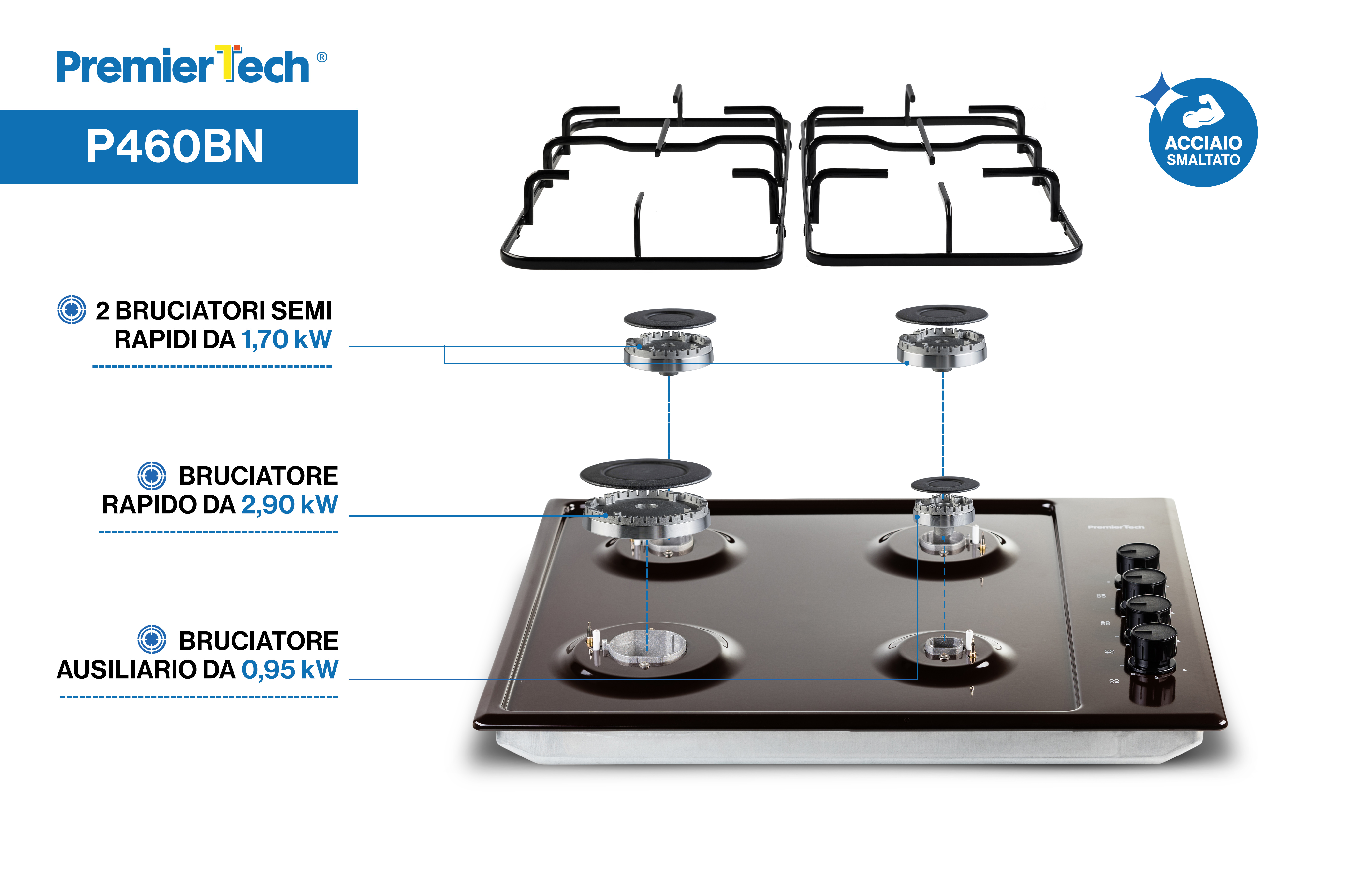 Schema di un piano cottura a gas PremierTech P460BN con quattro bruciatori di diversa potenza e griglie in acciaio.