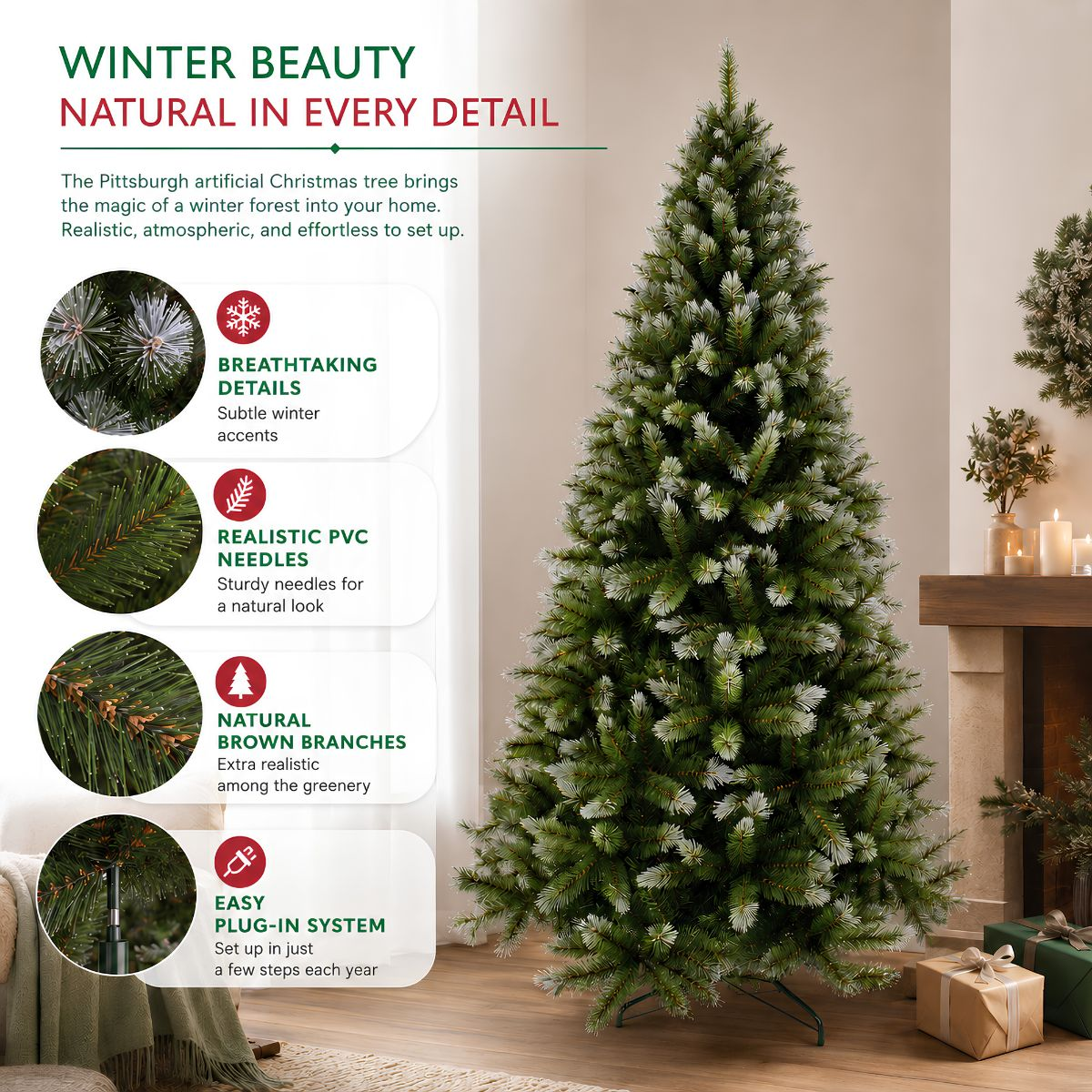 Artificial Christmas tree in a living room with product features on the left side.