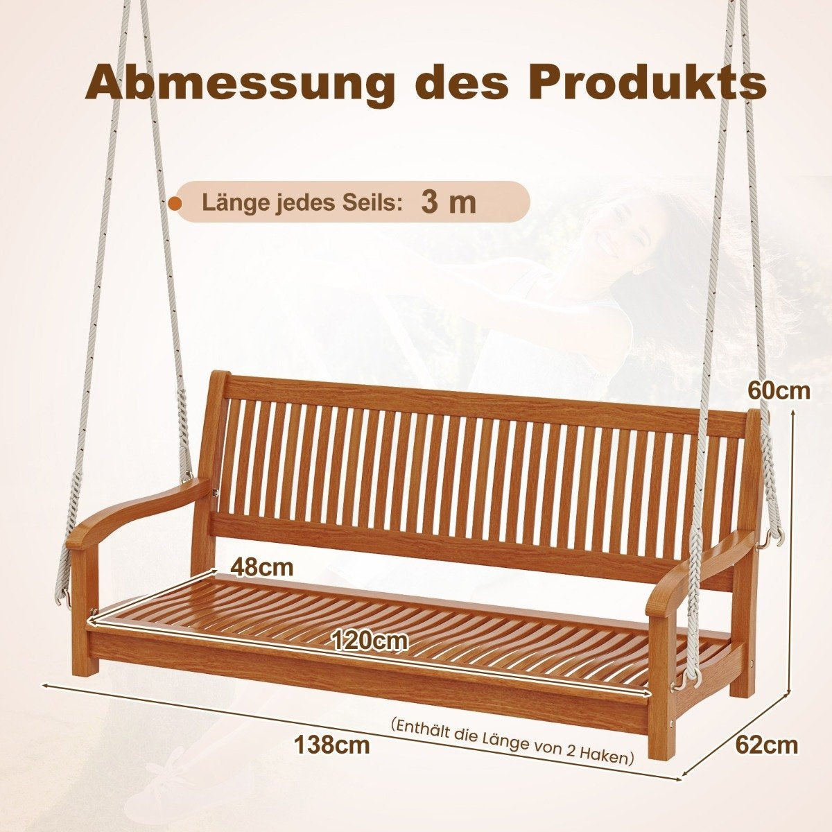 Houten schommelbank met afmetingen: 138cm breed, 62cm diep, 3m touwlengte en Duitse tekst.