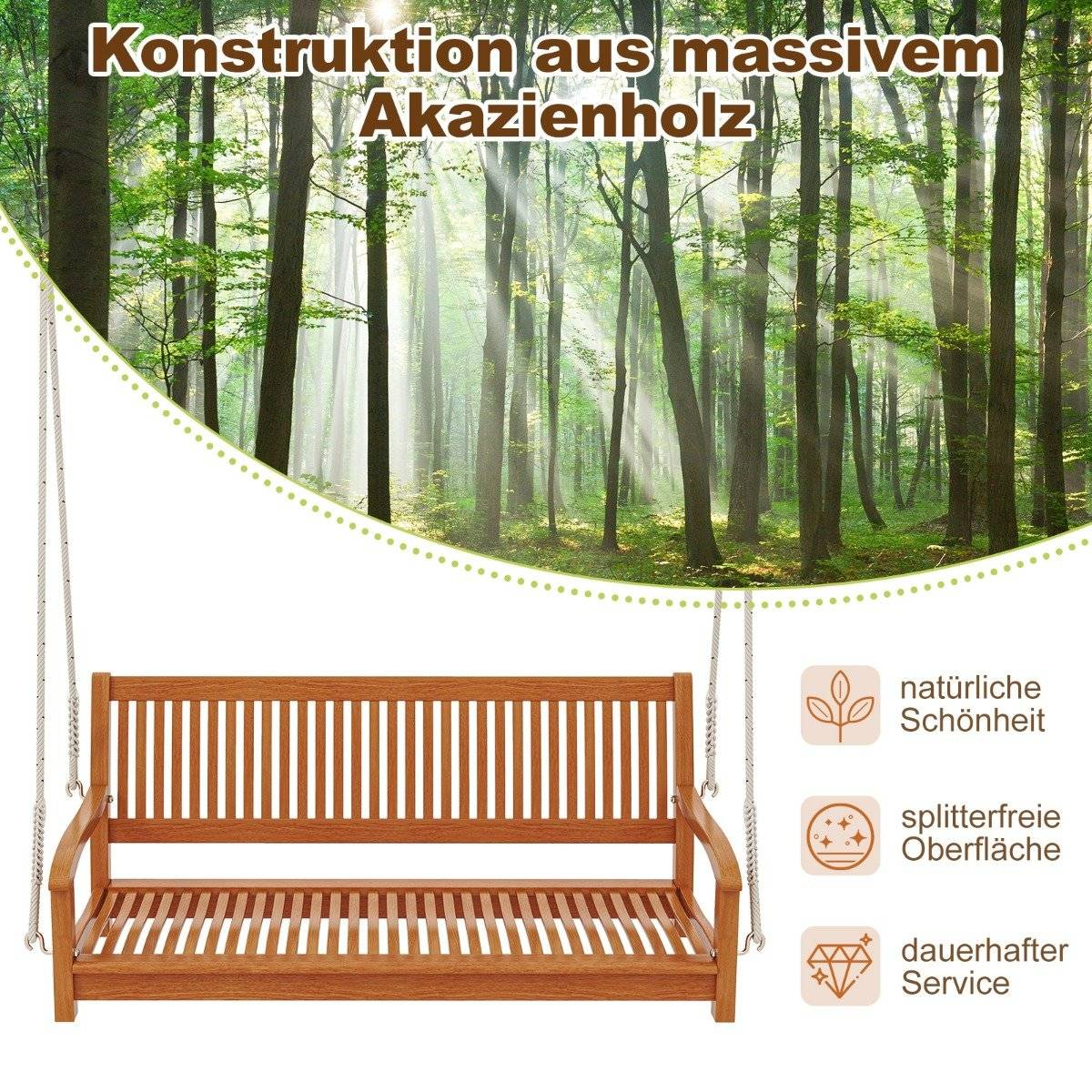 Een houten veranda schommel voor een zonnig bos met iconen rechts.