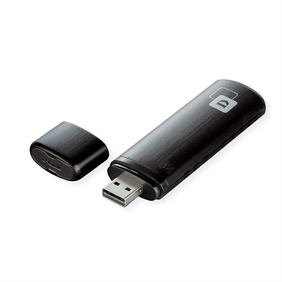 Un adattatore USB Wi-Fi nero con il tappo rimosso e un connettore USB argentato su sfondo bianco.