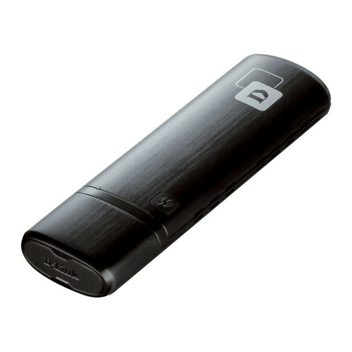 Una chiavetta USB nera ed elegante con texture in metallo spazzolato e logo bianco su sfondo bianco.