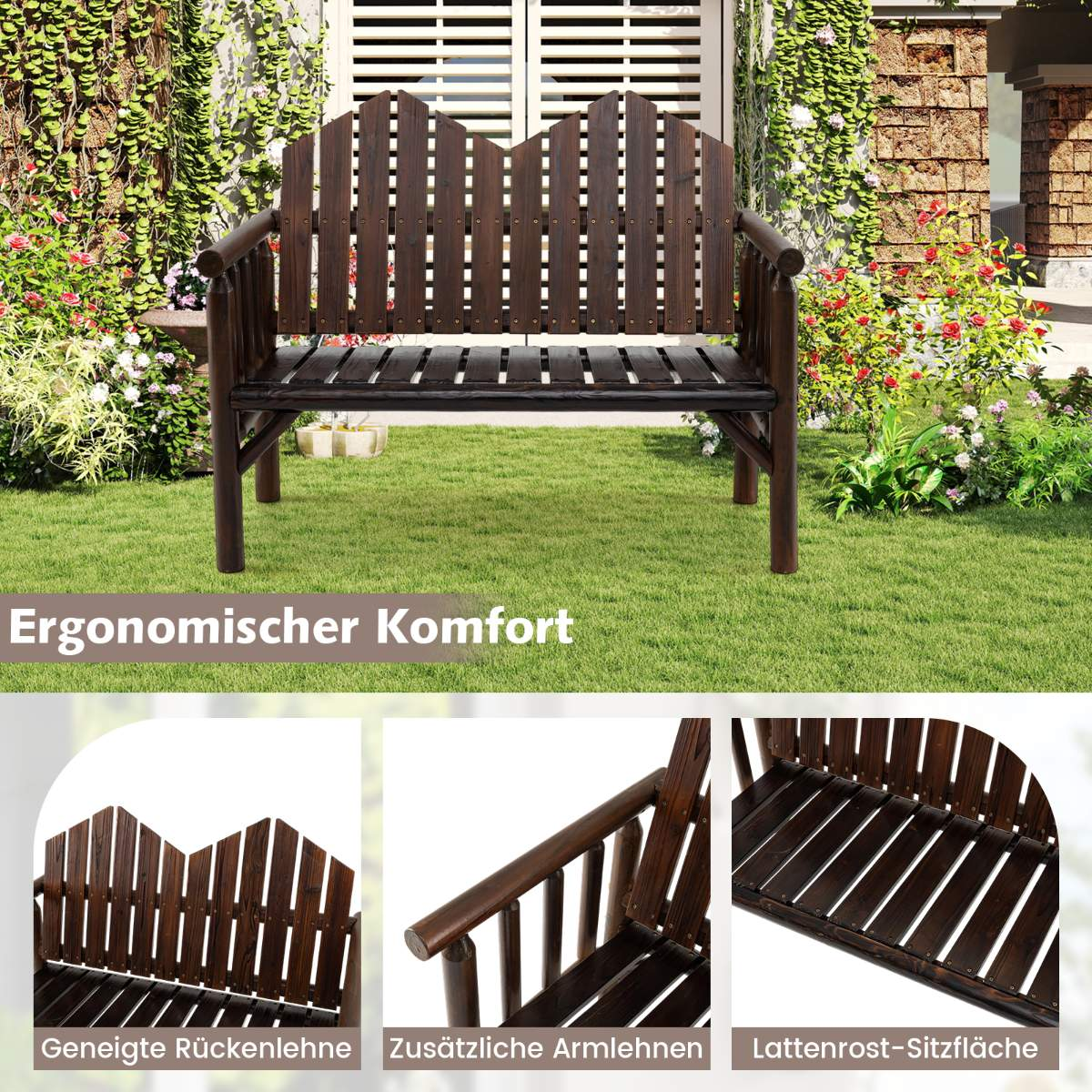 Een donkere houten tuinbank op gras, met drie details van de rugleuning, armleuning en lattenbodemzitting.