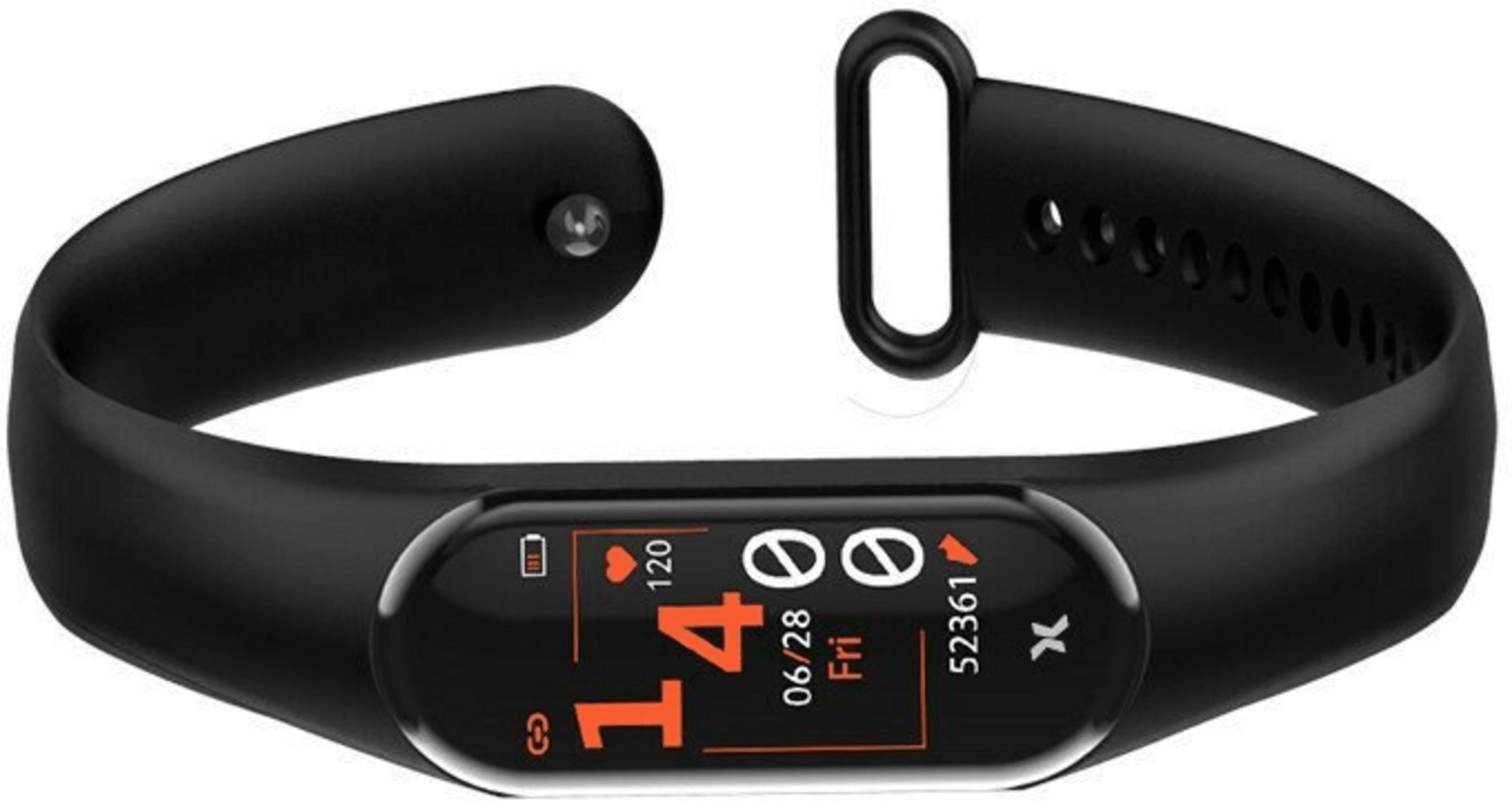 Pulsera de actividad negra con pantalla digital que muestra la hora, la fecha y datos de salud.