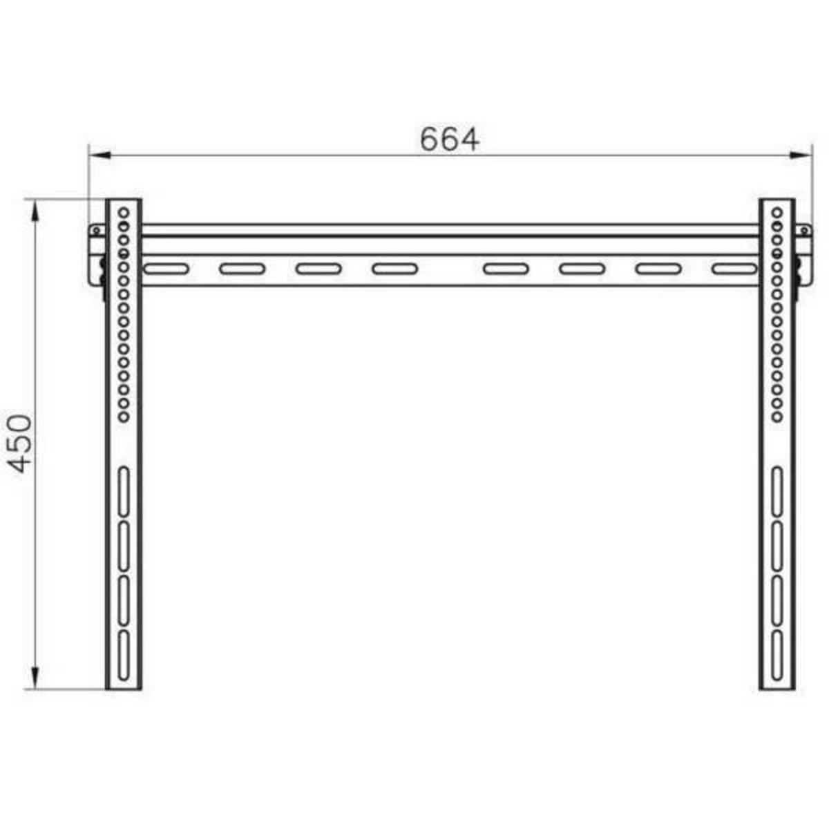 Disegno tecnico di un supporto a parete per TV con dimensioni di 664 mm di larghezza e 450 mm di altezza.