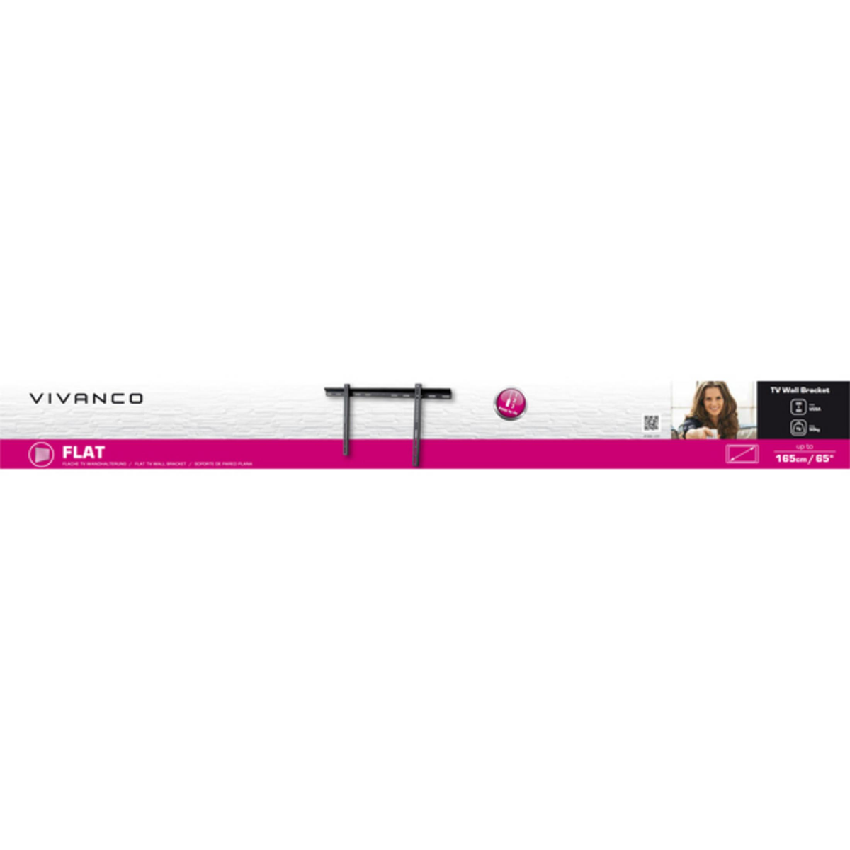 Confezione di un supporto a parete nero Vivanco Flat TV per schermi fino a 165 cm/65 pollici.