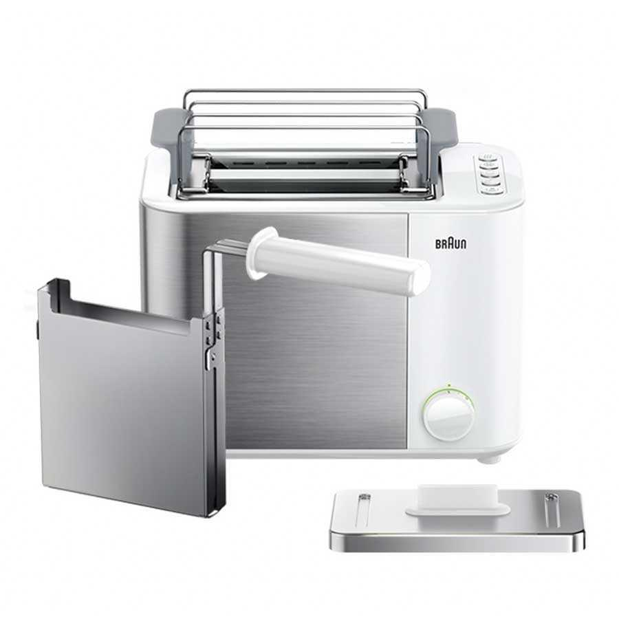 Tostapane Braun bianco e acciaio inox con pinza per sandwich e raccoglibriciole.