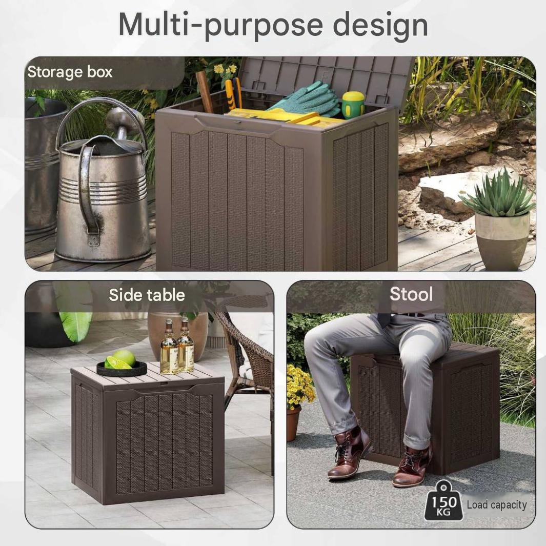 Een bruine multifunctionele plastic box gebruikt als opslag, sidetable en kruk in een tuin.