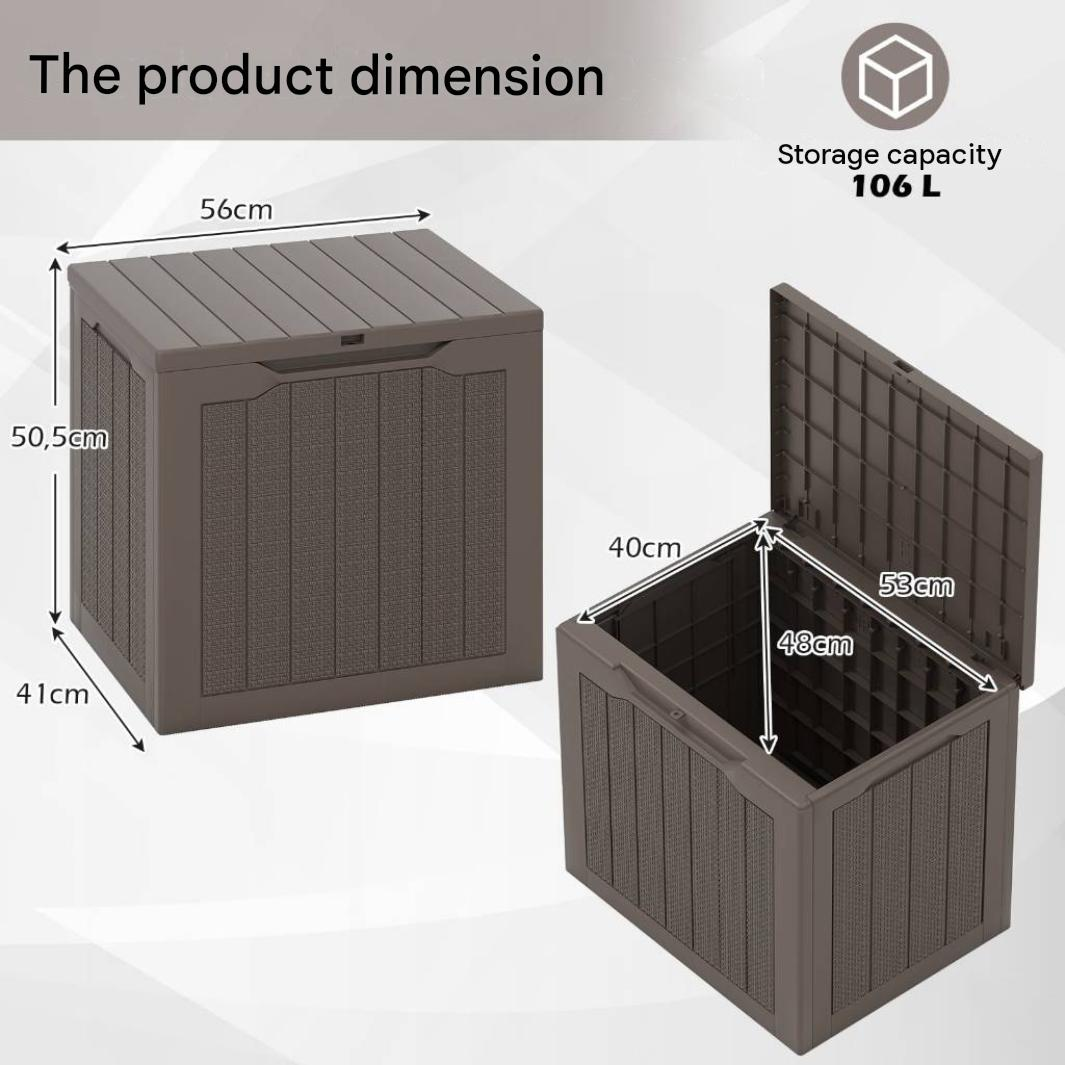 Diagram toont afmetingen en 106L opslagcapaciteit van een bruine plastic opbergbox.