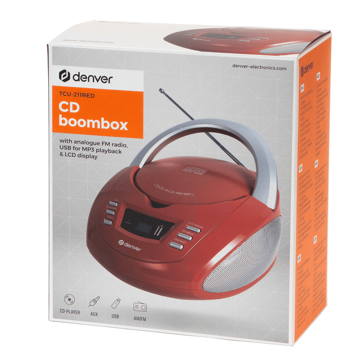 Caja de producto para un boombox de CD rojo Denver con antena, pantalla LCD y asa plateada sobre fondo blanco.