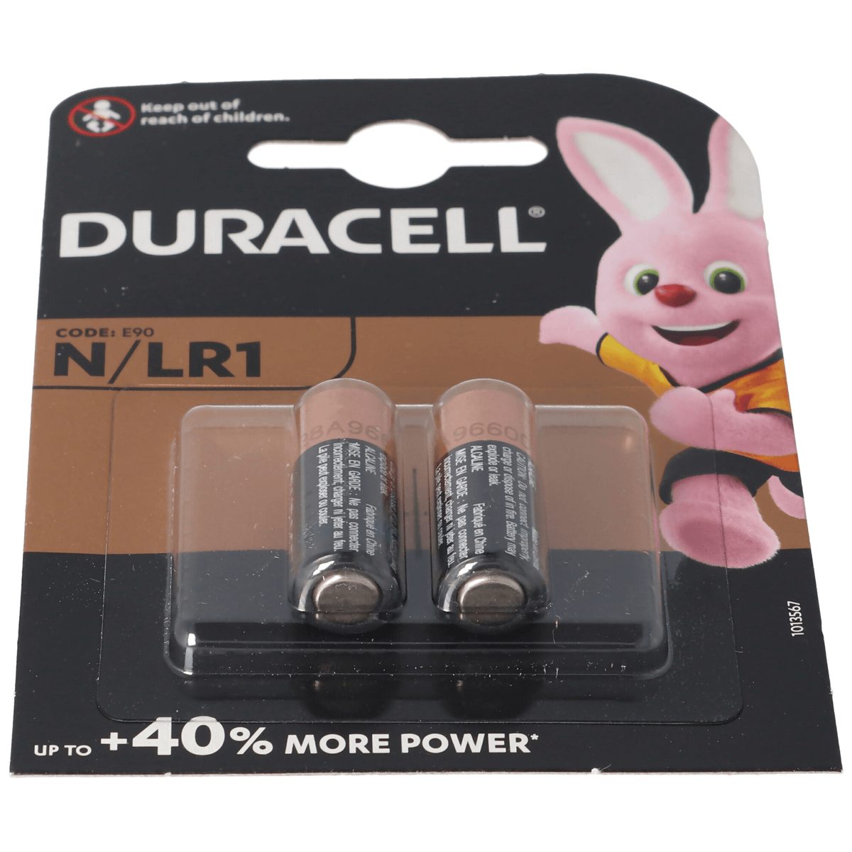 Pilas Duracell N/LR1 en envase con una mascota rosa.