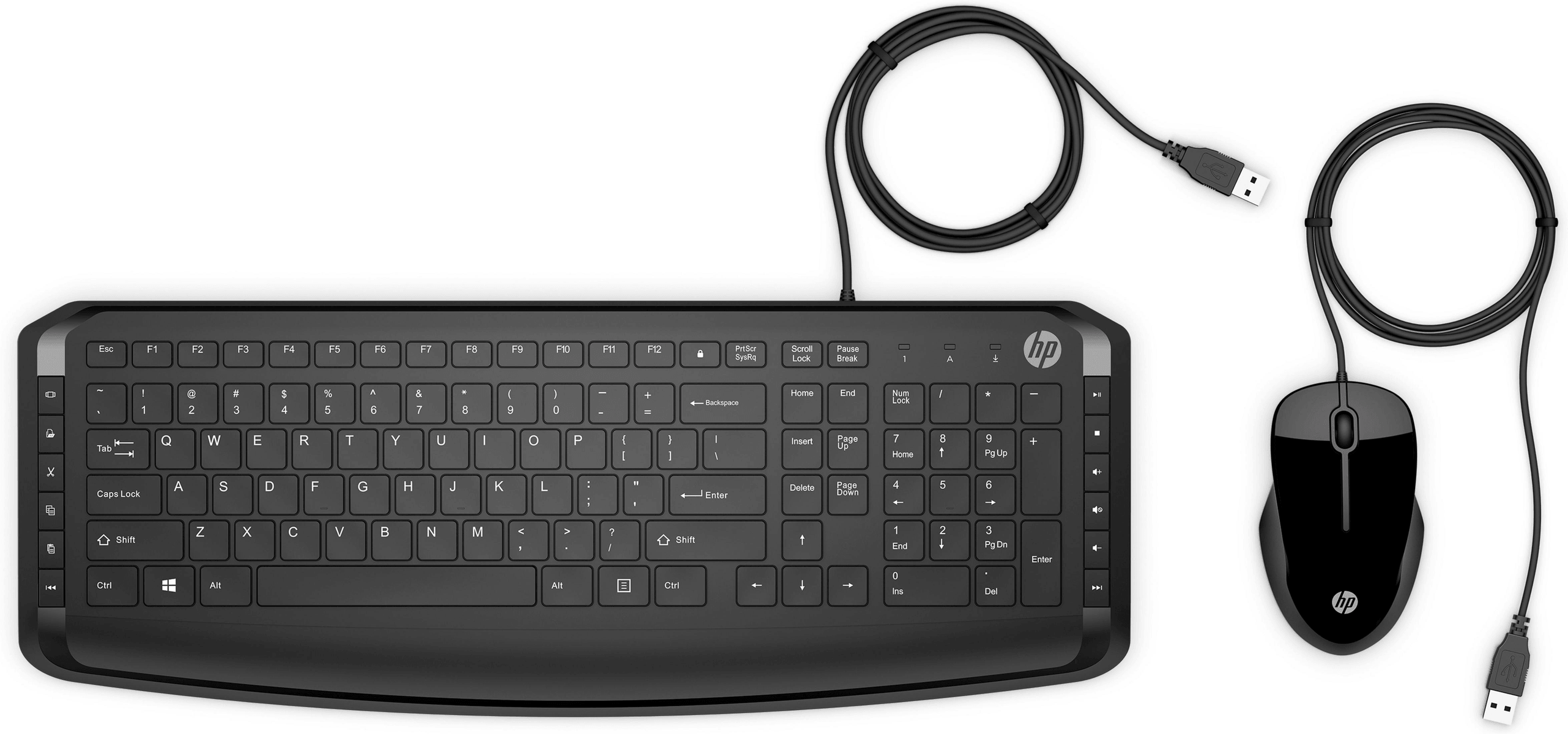 Een zwarte HP USB-toetsenbord- en muisset met kabels en USB-connectors op een witte achtergrond.