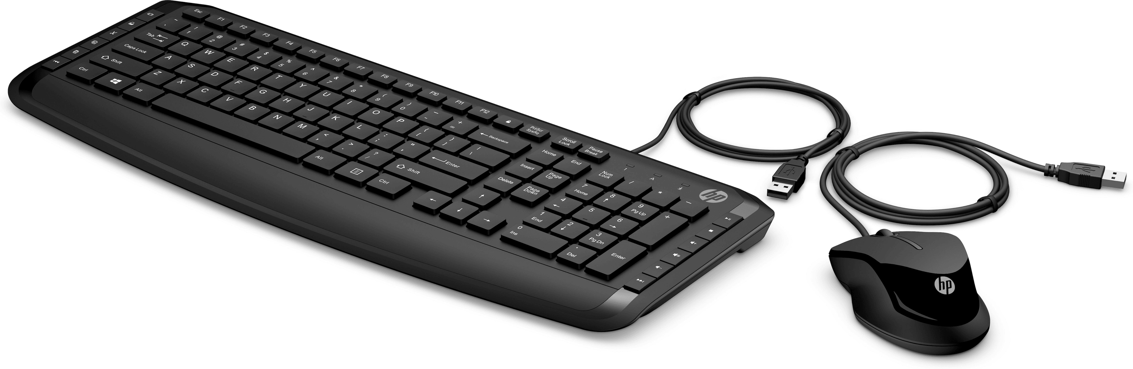 Een zwarte HP USB-toetsenbord- en muisset met kabels en USB-connectors tegen een witte achtergrond.