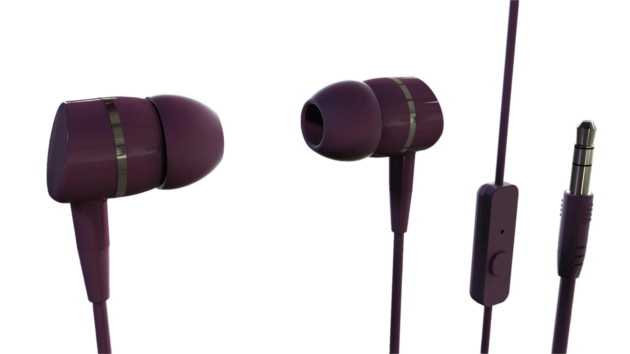 Auriculares intrauditivos con cable morado, micrófono integrado, botón de control y conector de audio.
