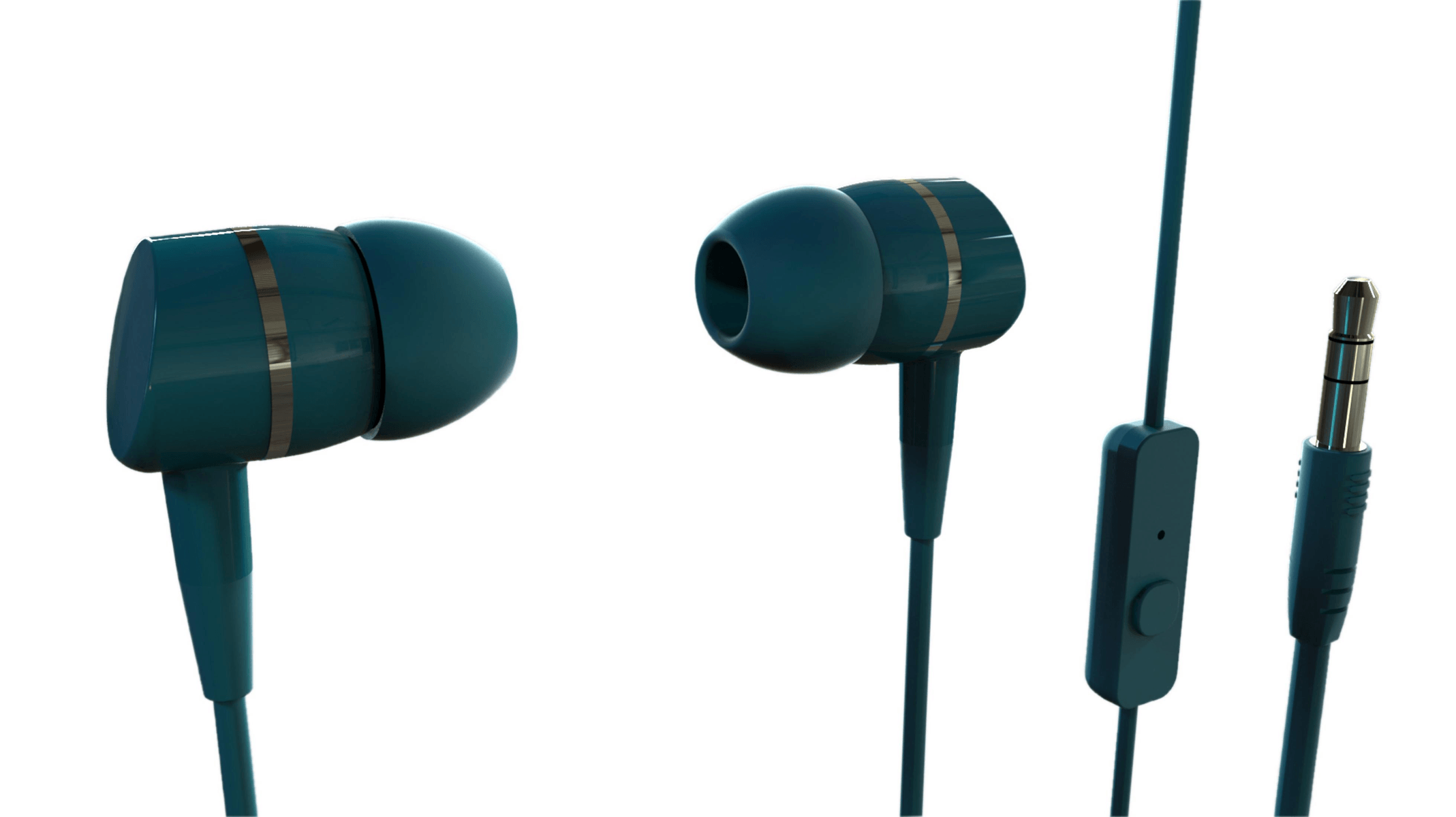 Auriculares con cable intraurales de color verde azulado con control remoto y conector de 3,5 mm sobre fondo blanco.