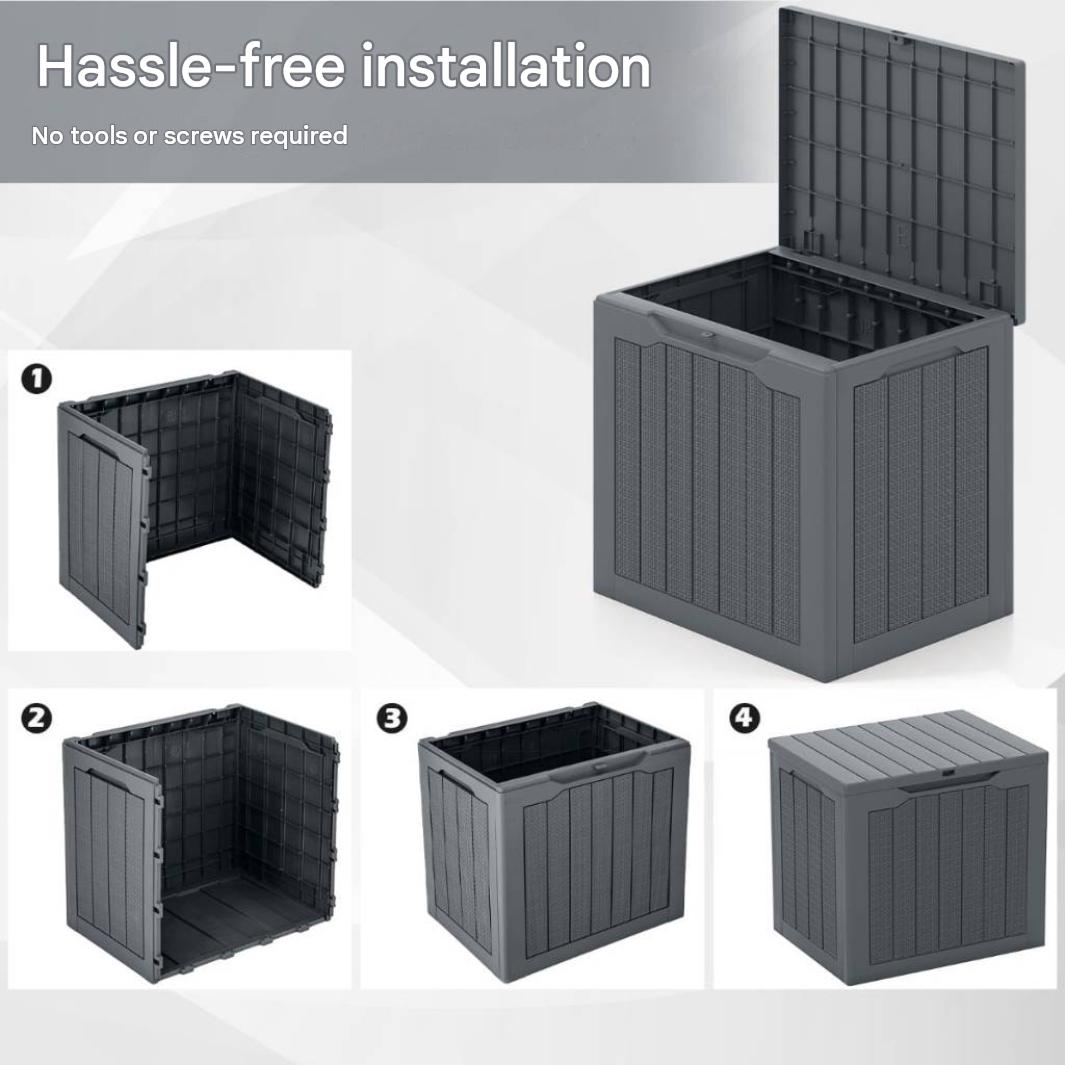 Step-by-step assembly guide for a grey storage box, showing hassle-free installation without tools.