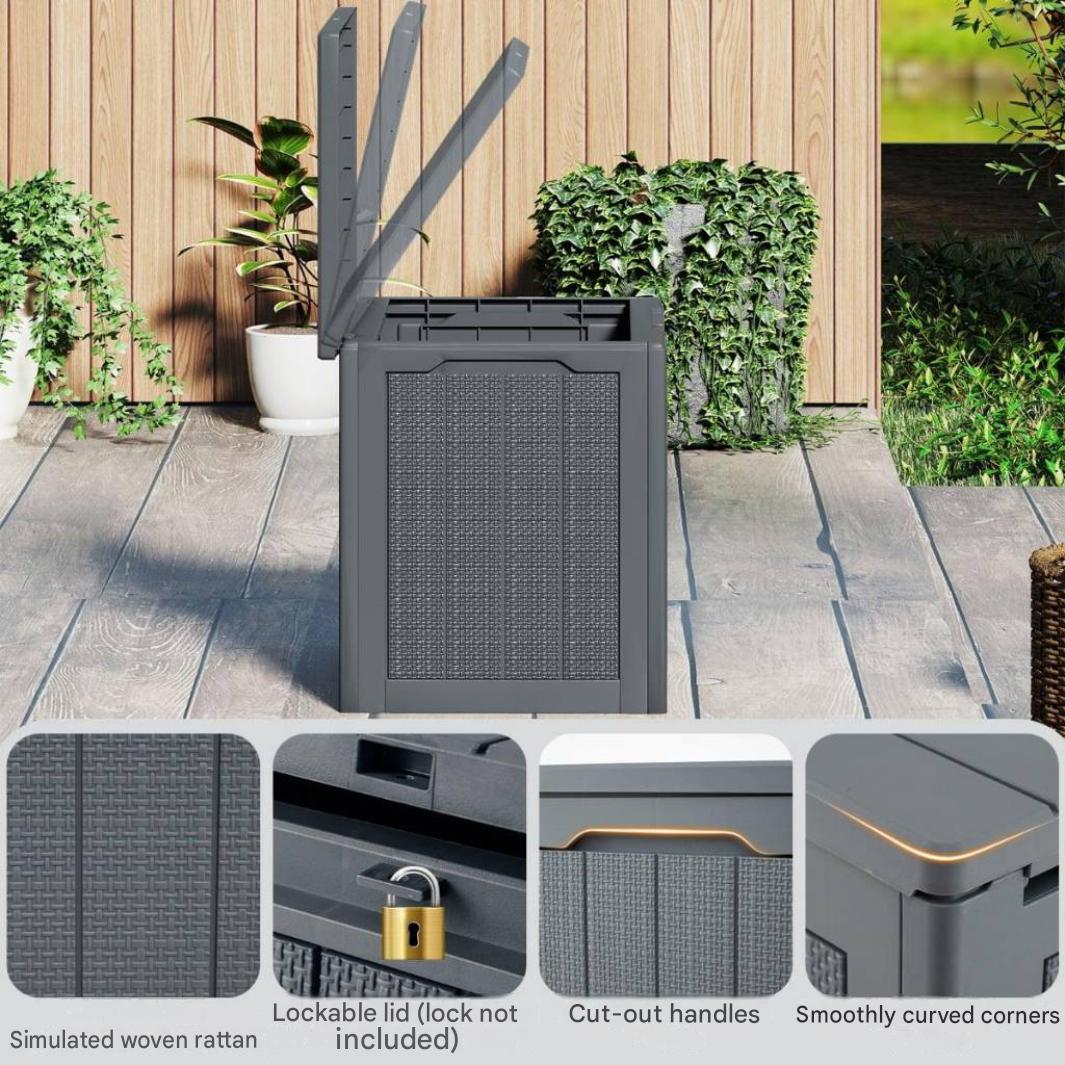 Grey plastic storage box on a wooden deck with detail insets showing rattan texture, padlock, handles, and corners.