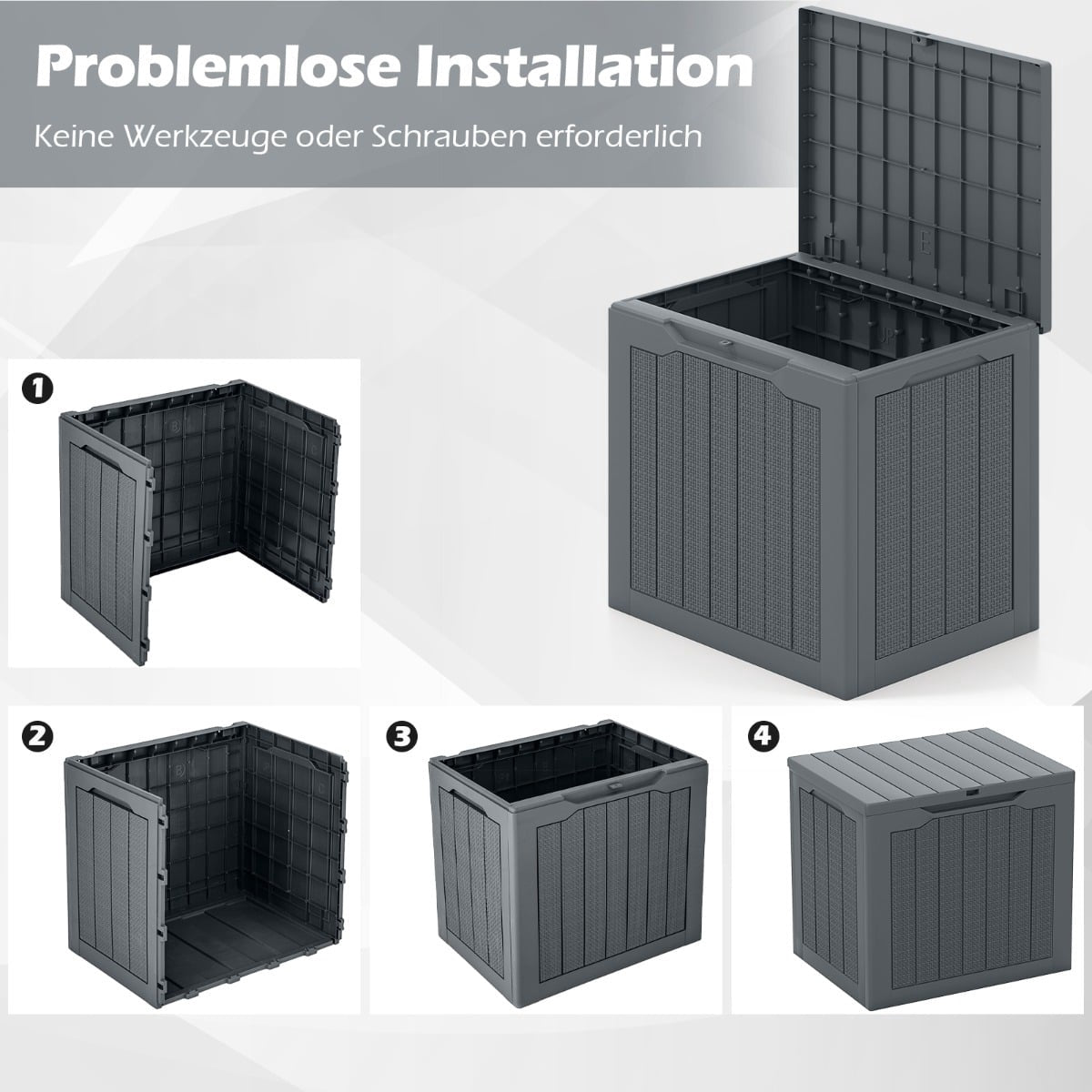 Steps showing hassle-free assembly of a gray plastic storage box without tools.