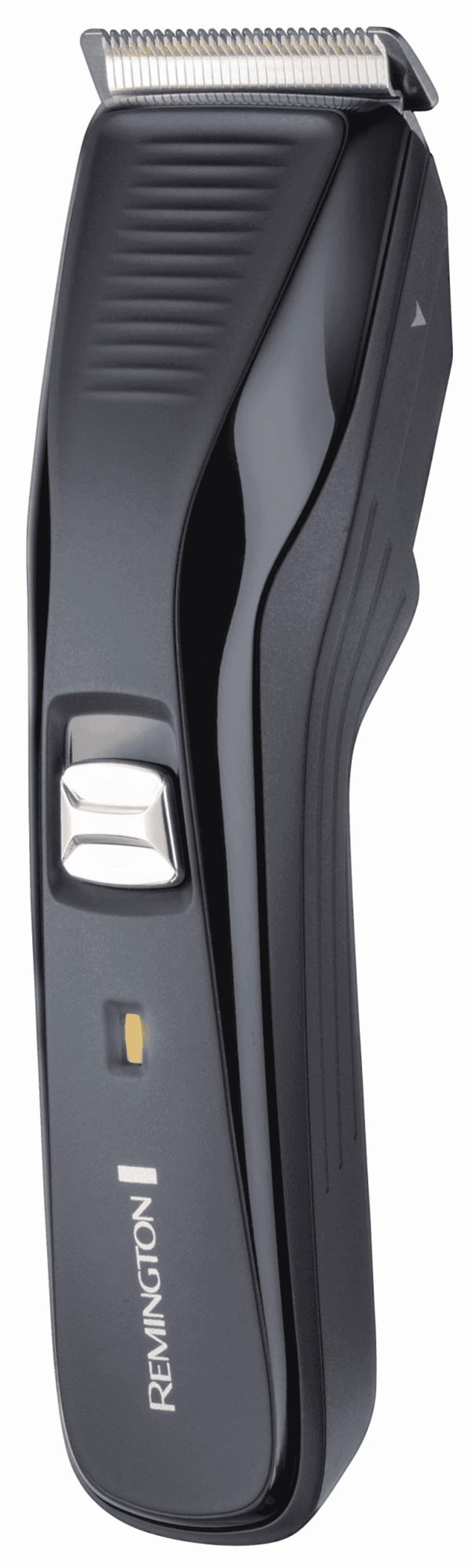 Un tagliacapelli Remington nero con lama argentata e pulsante.