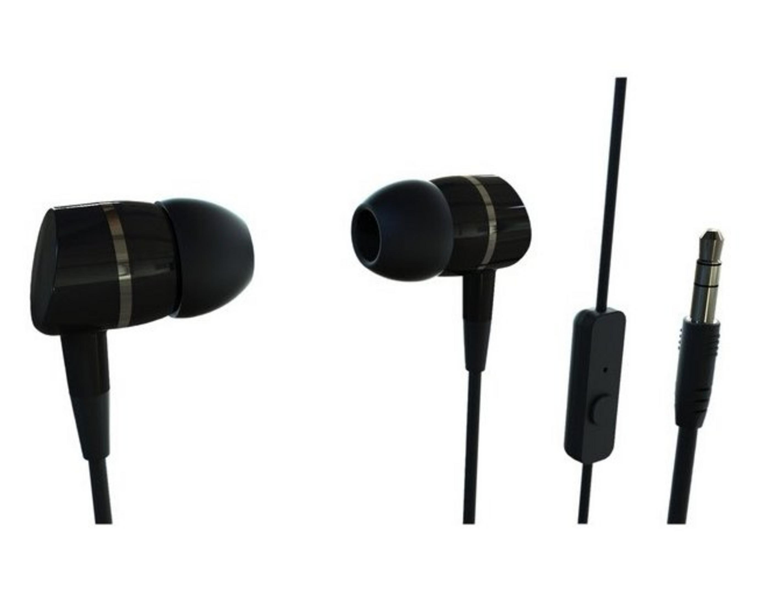 Auriculares intrauditivos negros con cable, micrófono integrado y conector jack.