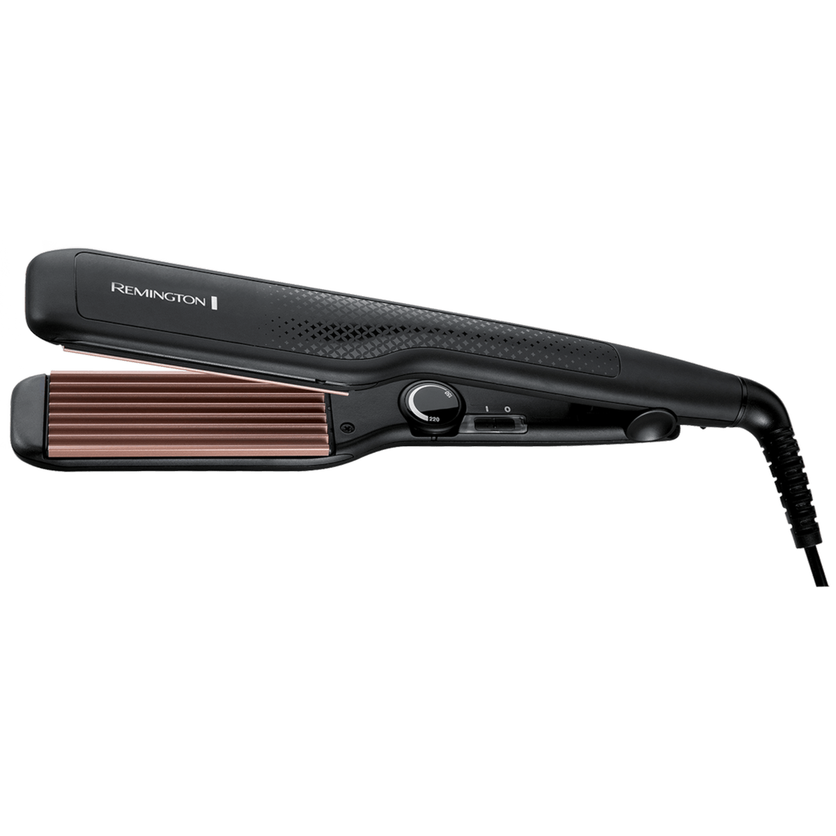 Piastra per capelli nera Remington con piastre ondulate oro rosa, manopola della temperatura e cavo su sfondo nero.