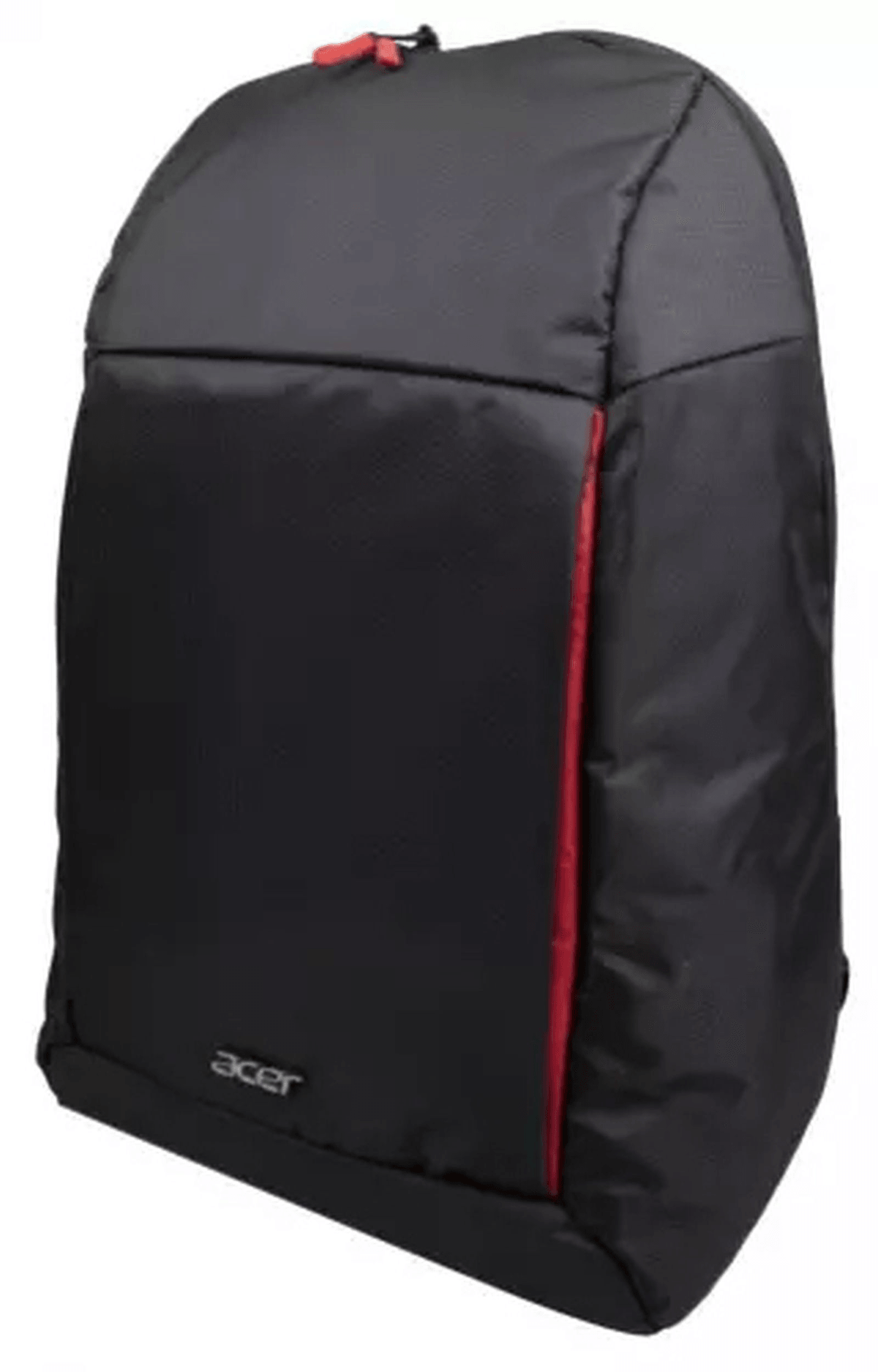 Uno zaino nero Acer con dettagli rossi sulla cerniera e sulla tasca laterale.