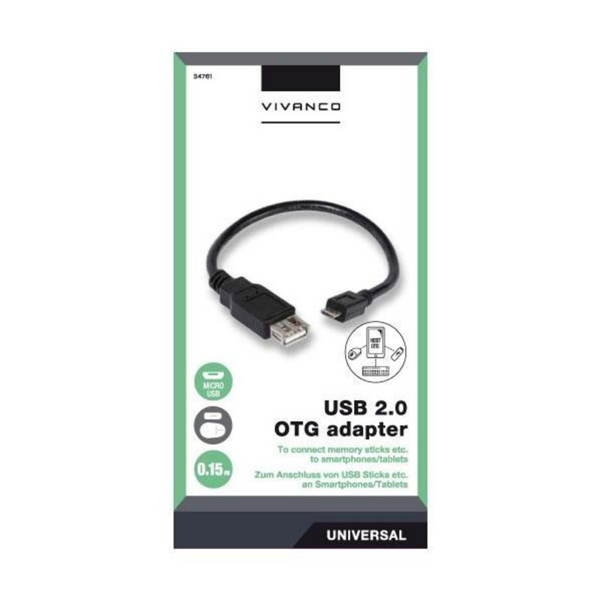 Cable OTG USB 2.0 Vivanco en empaque verde para conectar memorias USB a teléfonos.