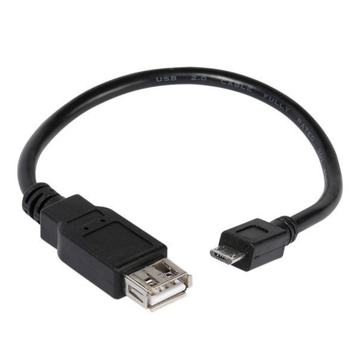 Un cable USB 2.0 negro corto con un puerto hembra USB-A y un conector Micro-USB.