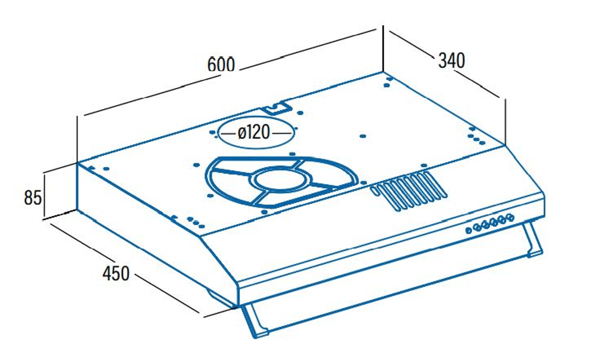 Dibujo técnico de una campana extractora con dimensiones.
