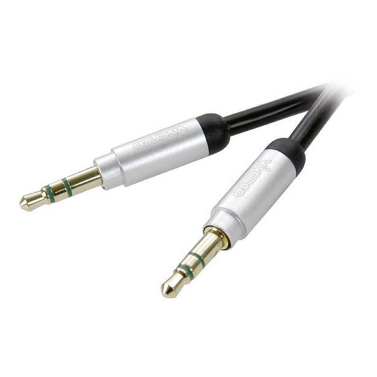 Un cable de audio negro con dos conectores jack de 3,5 mm dorados en plata sobre fondo blanco.