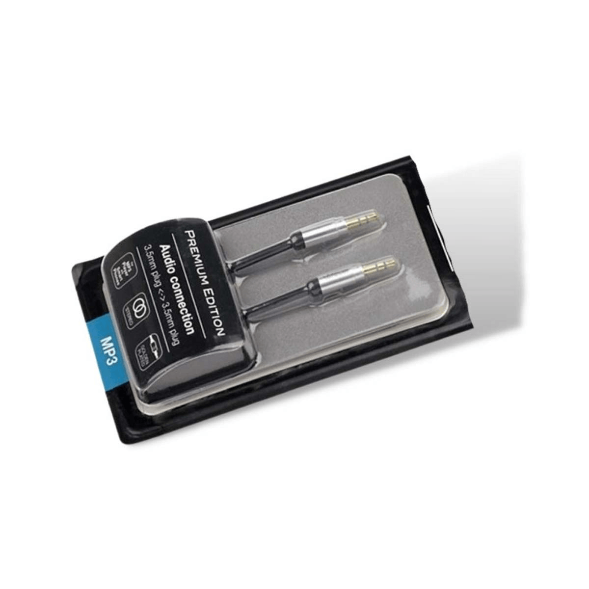 Un paquete negro que contiene dos cables de conexión de audio de 3,5 mm con conectores plateados y dorados.