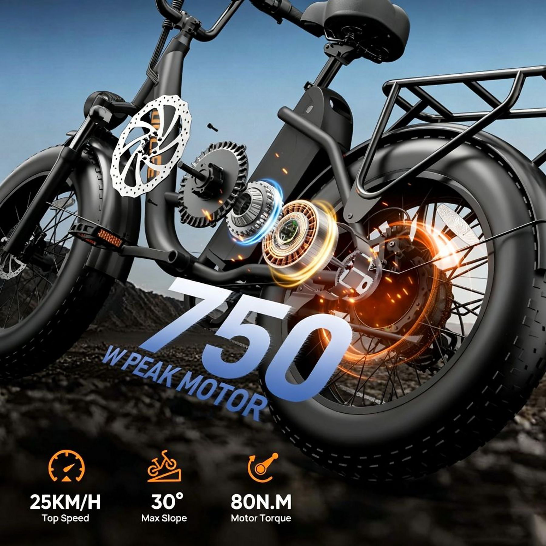 Una e-bike nera con pneumatici larghi evidenzia i componenti interni del suo motore da 750W.