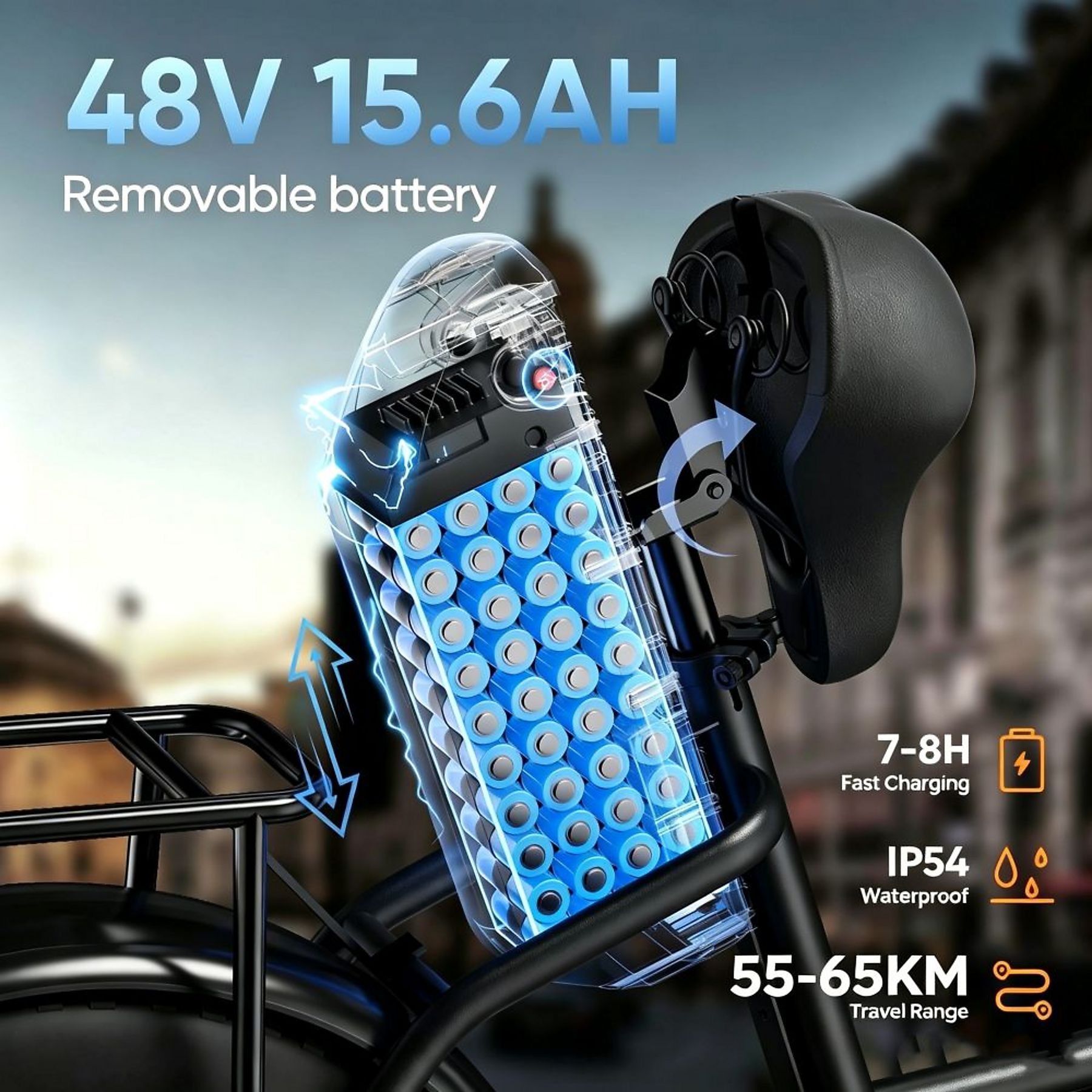 Vista trasparente di una batteria per e-bike rimovibile da 48V 15.6Ah sotto la sella.