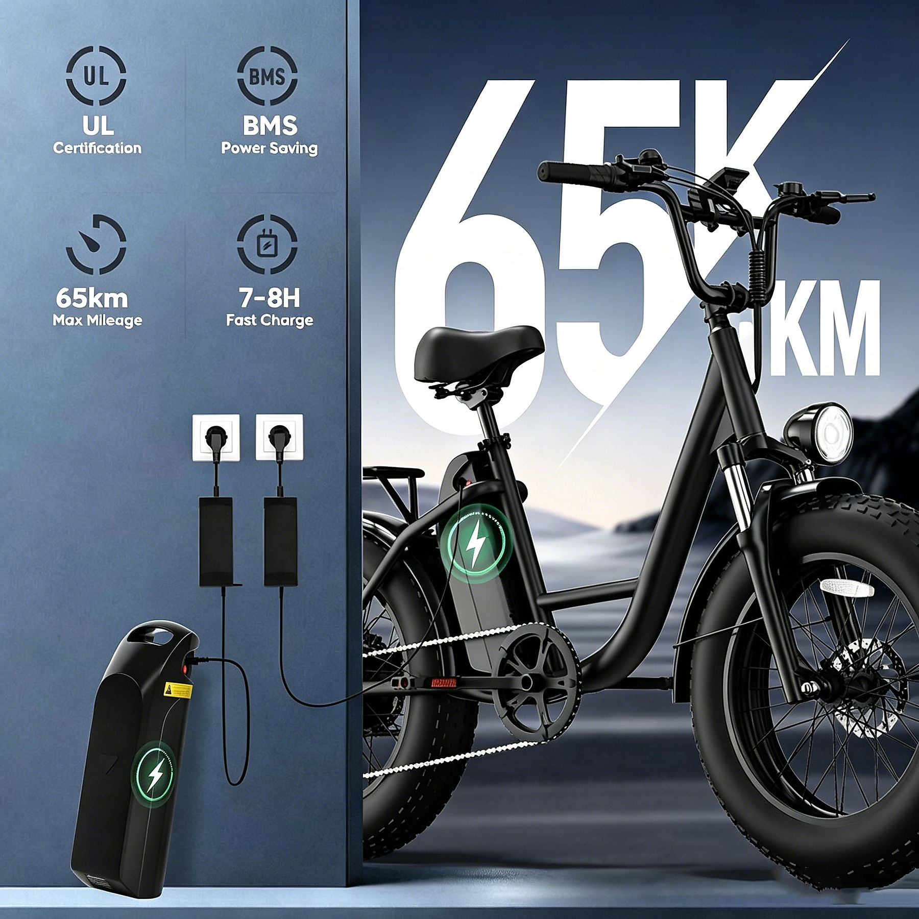 Una bici elettrica nera vicino a una batteria in carica con testo sull'autonomia.