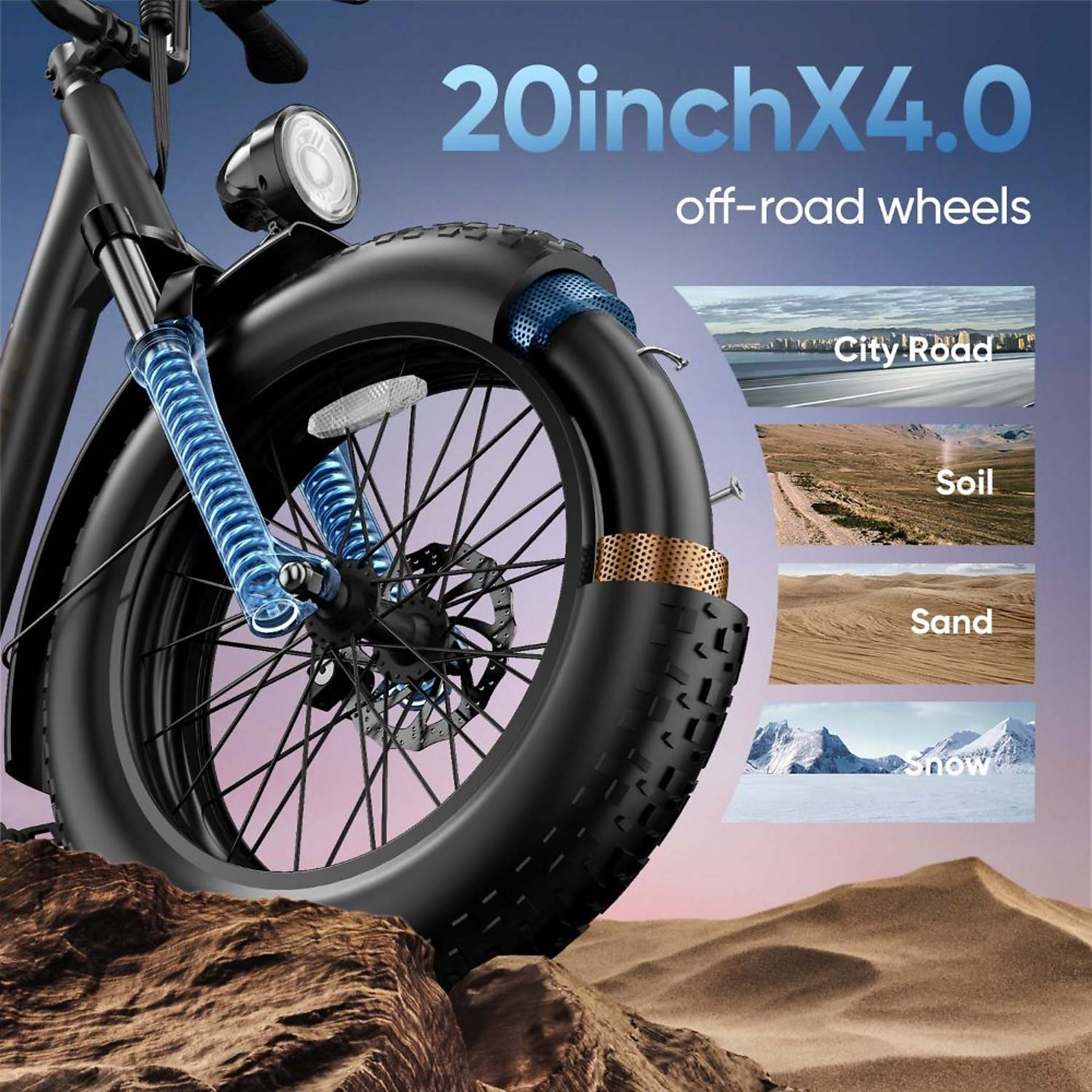 Una e-bike con pneumatici larghi e sospensione anteriore per città, terra, sabbia e neve.