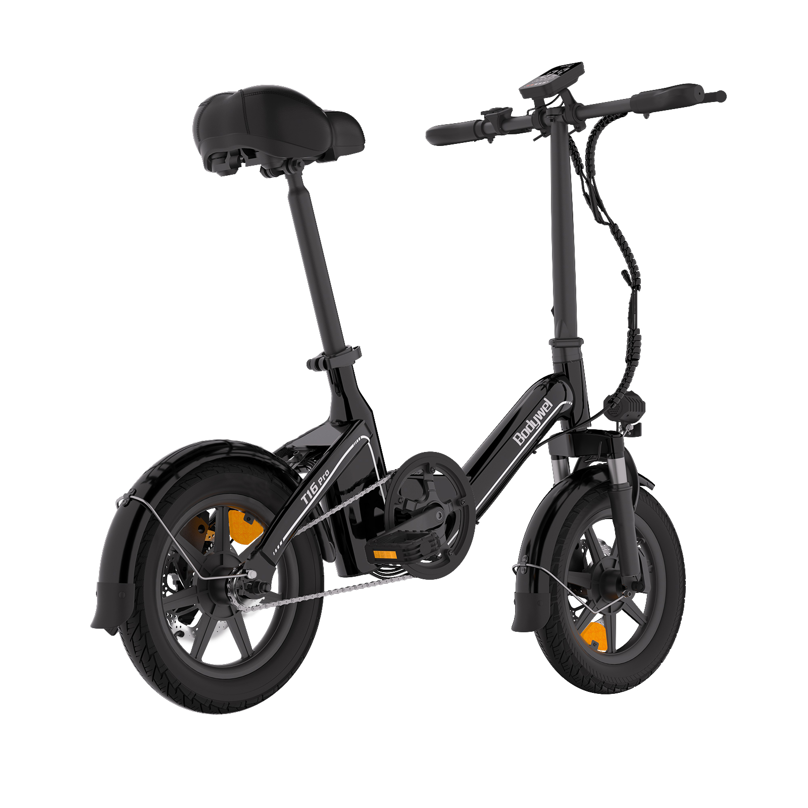 Ein schwarzes, kompaktes E-Bike mit kleinem Rahmen, Gepäckträger und Display auf weißem Hintergrund.