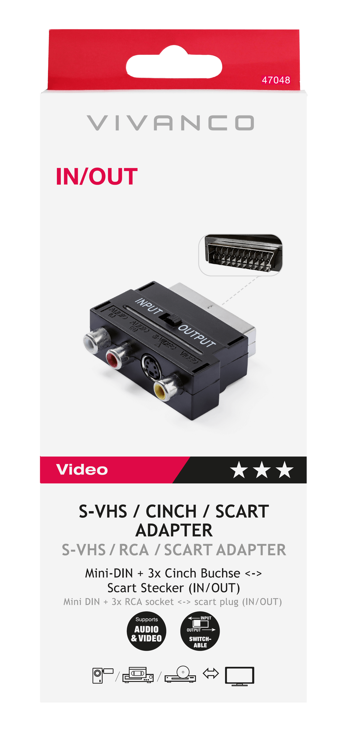 Embalaje de un adaptador Vivanco S-VHS, RCA y SCART con imagen y detalles del producto.