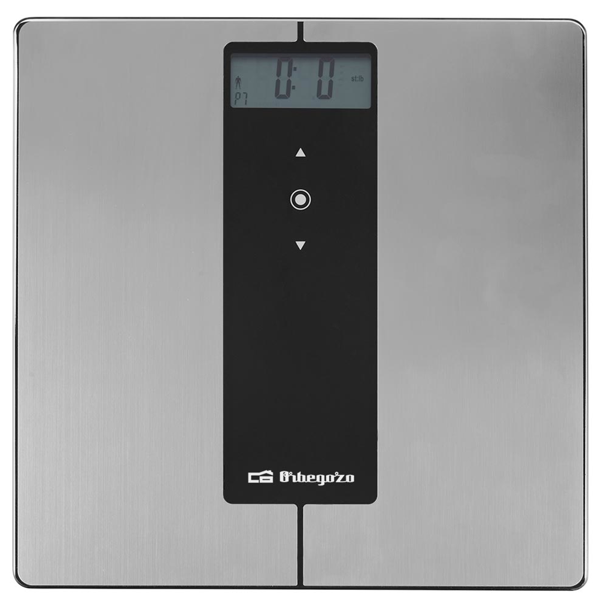 Báscula de baño digital plateada con un panel de pantalla negro en el centro que muestra 0.0.