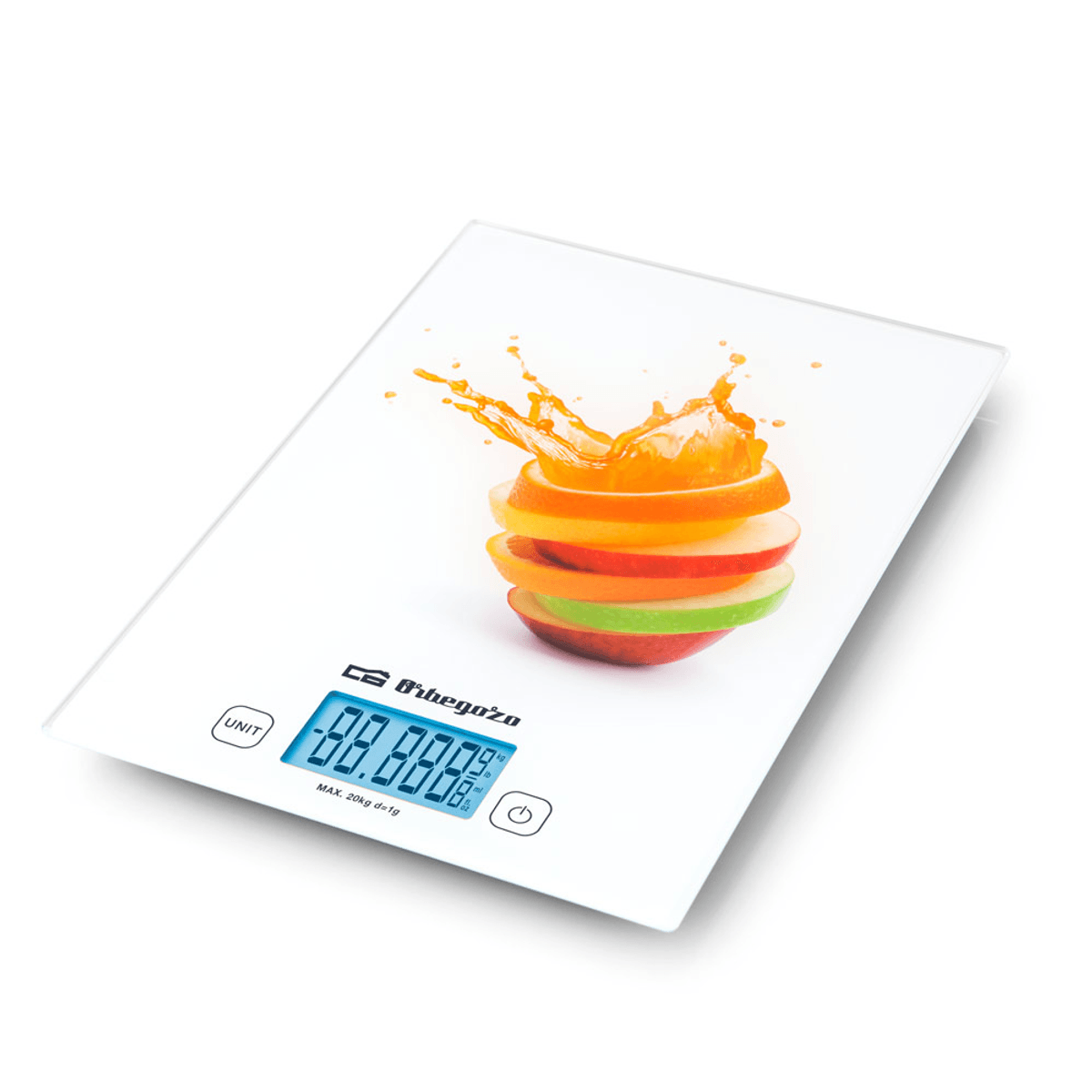 Eine weiße Küchenwaage mit aufgedruckten Zitrusfrüchten und Orangensaftspritzern.