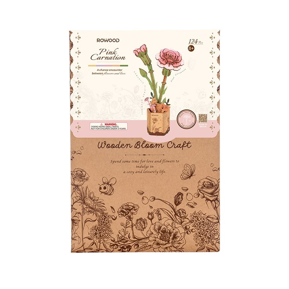 Caja de producto Rowood Pink Carnation Wooden Bloom Craft con bocetos florales.