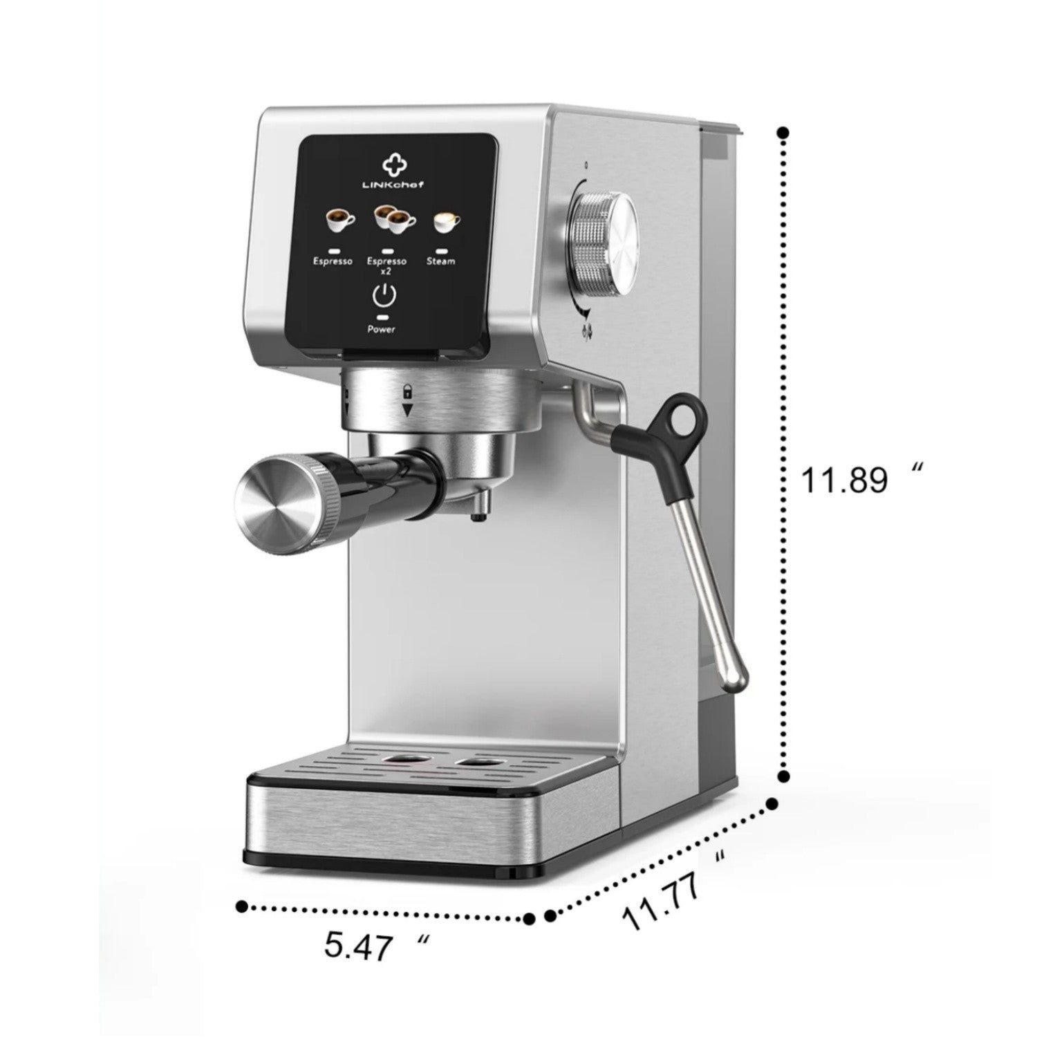 Una cafetera espresso de acero inoxidable con pantalla táctil, portafiltro y vaporizador, con dimensiones.