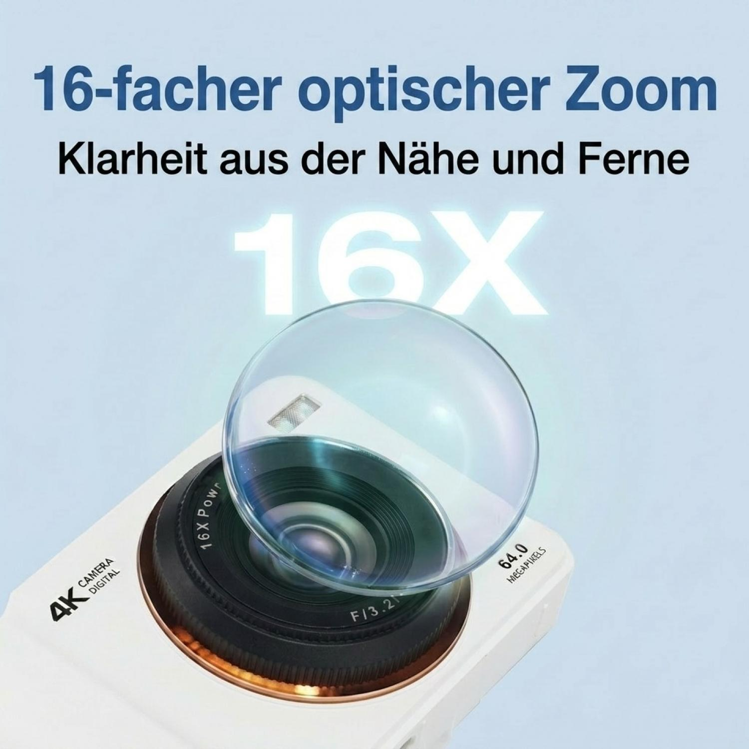 Weiße Digitalkamera mit 16-fachem optischem Zoom und großer Linse.